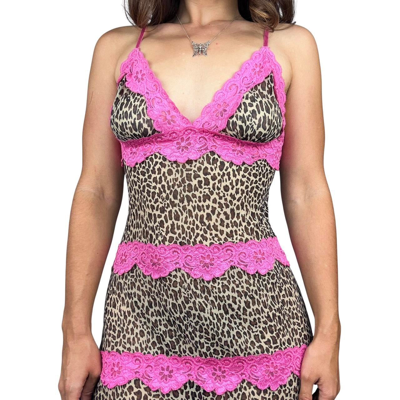 Y2K Lacy Leopard Slip Dress (M)