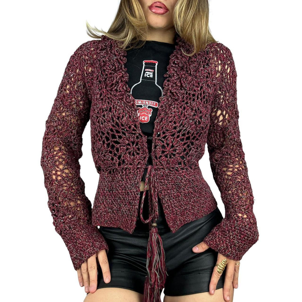 Burgundy Crochet Tie Front Cardigan (M)