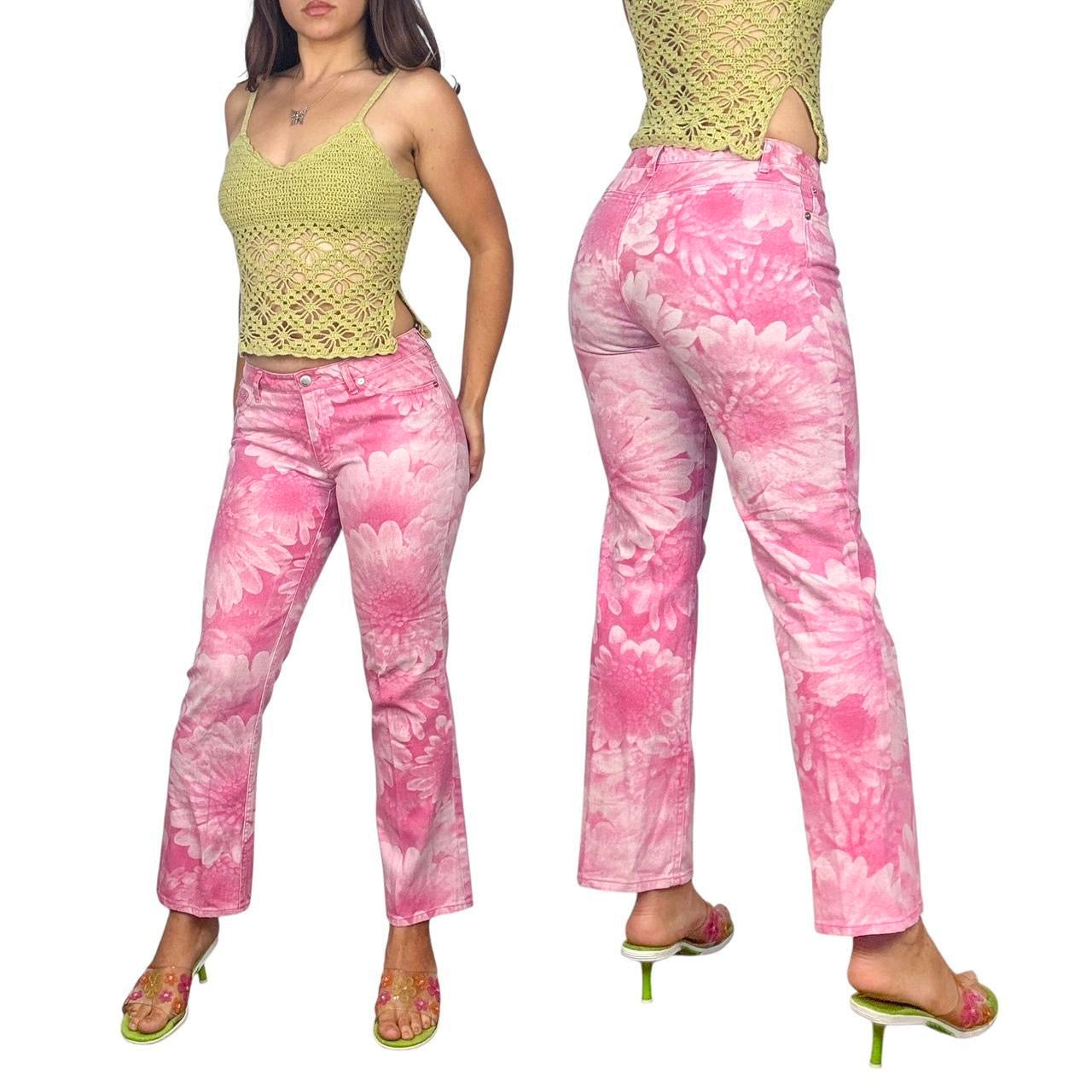 Y2K Floral Graphic Flare Jeans (S)