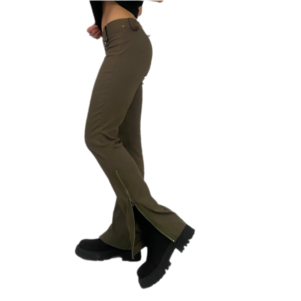 Olive Zipper Low Rise Pants (XS)