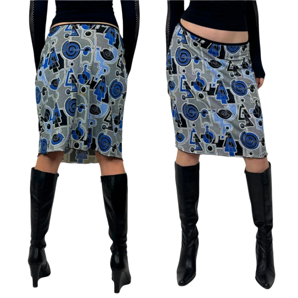 90s Geometric-Print Slinky Midi Skirt (S)