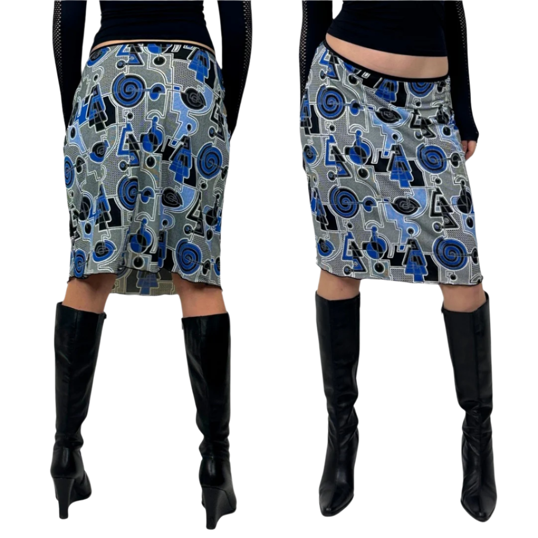 90s Geometric-Print Slinky Midi Skirt (S)