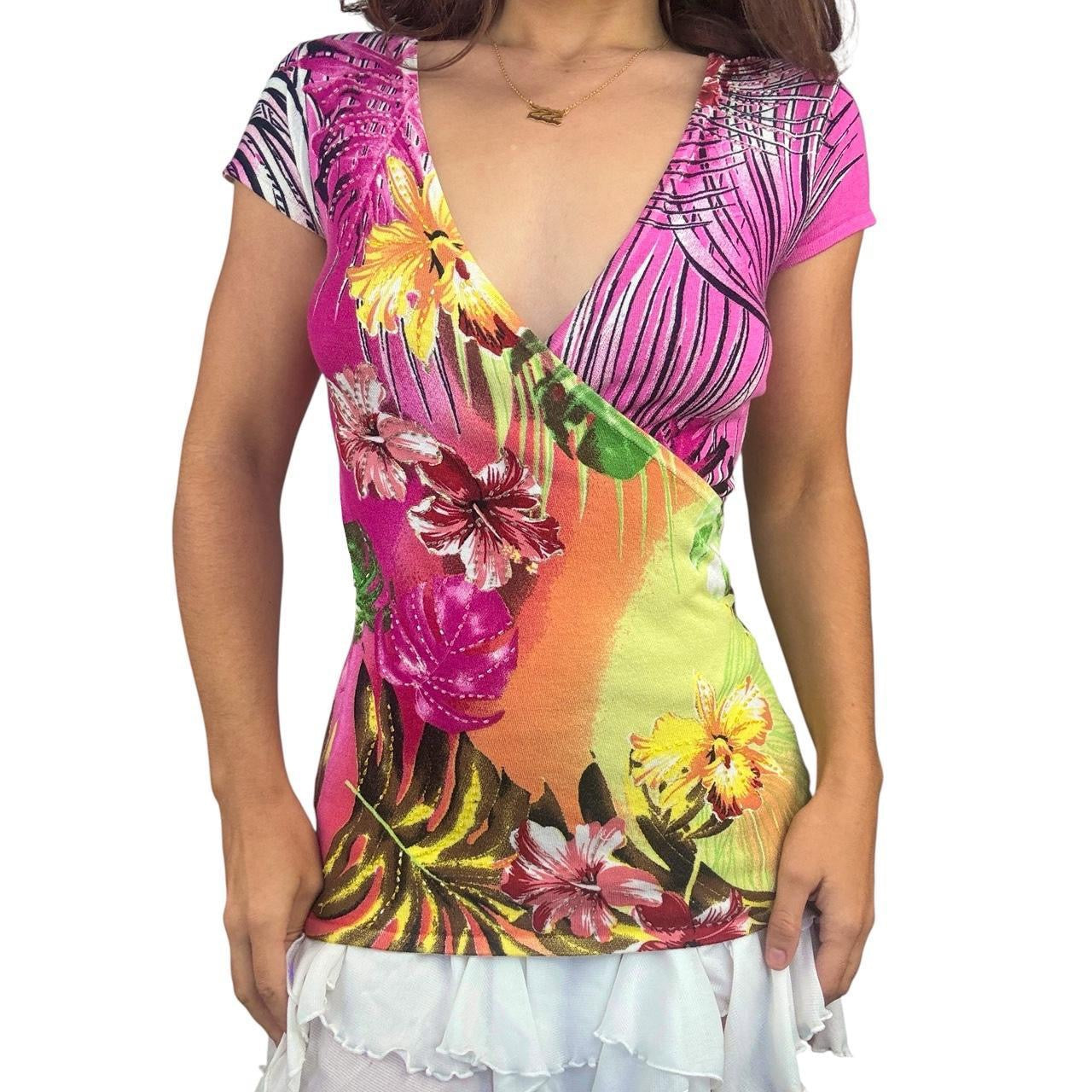 Caché Tropical Beaded Wrap Top (XS/S)