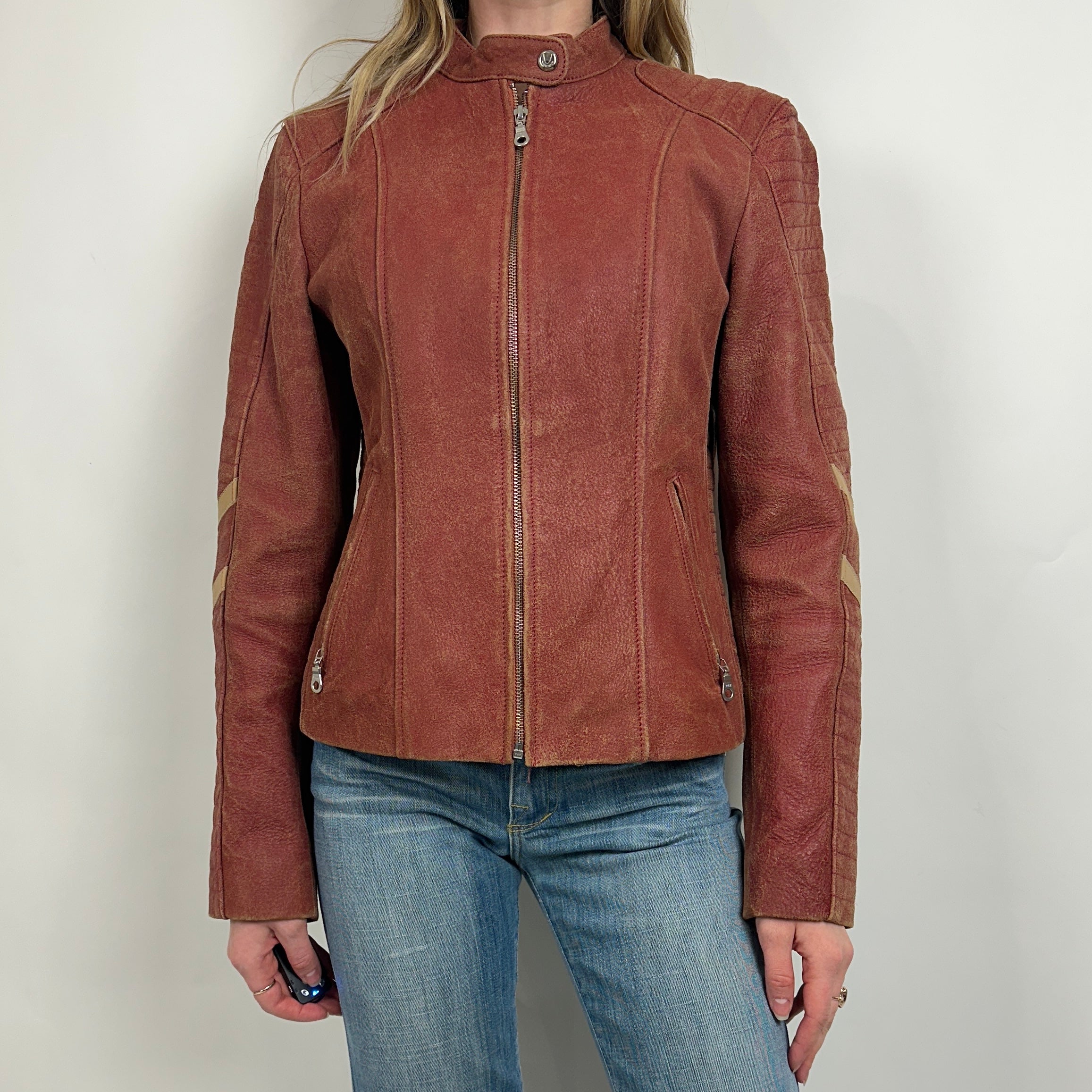 Vintage Dusty Red Leather Moto Jacket (M/L)