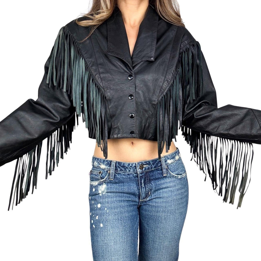 Vintage Fringe Trim Leather Jacket (M)