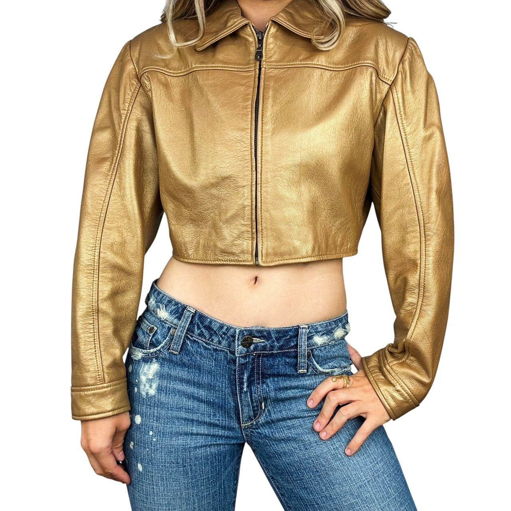 90s Caché Gold Cropped Leather Jacket (L)