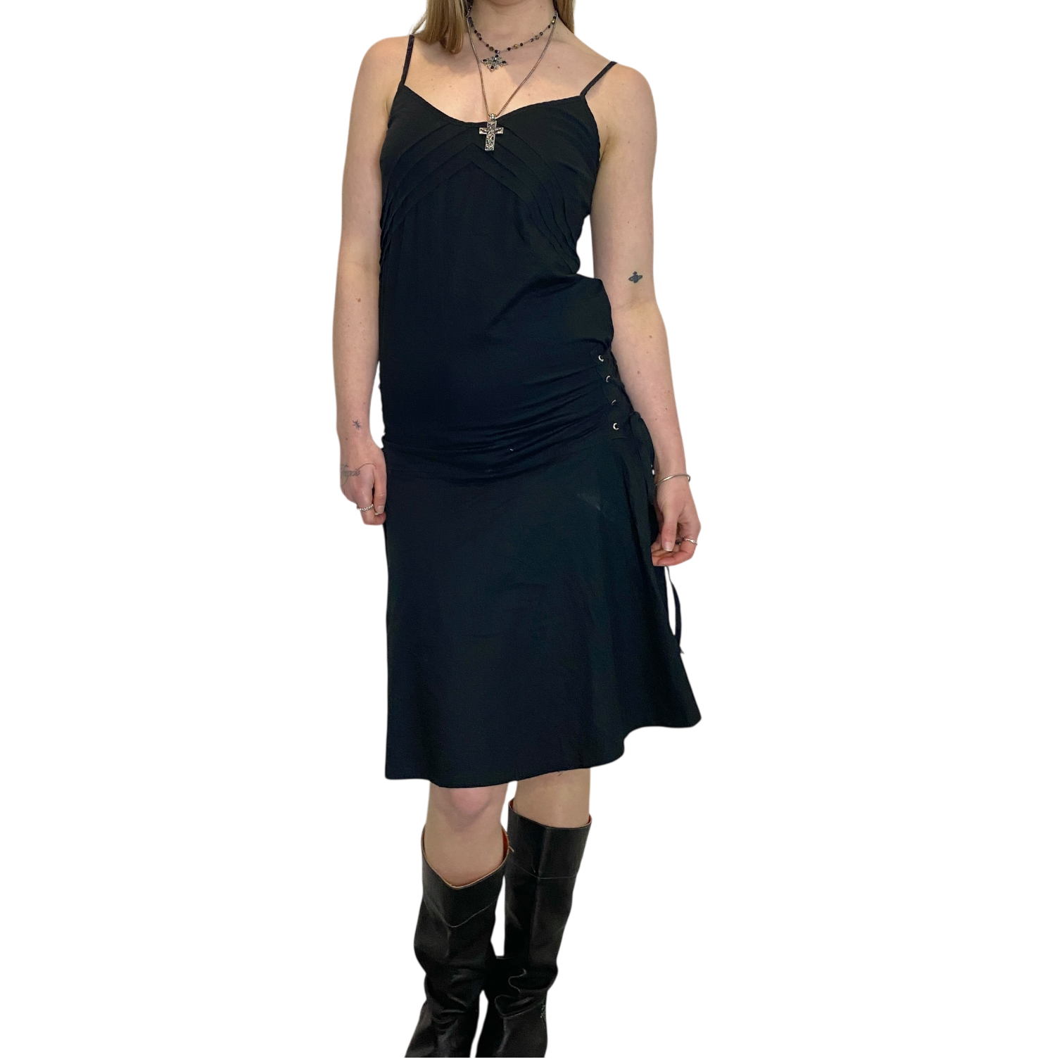 Vintage Boho Chic Eyelet Black Midi Dress (S)