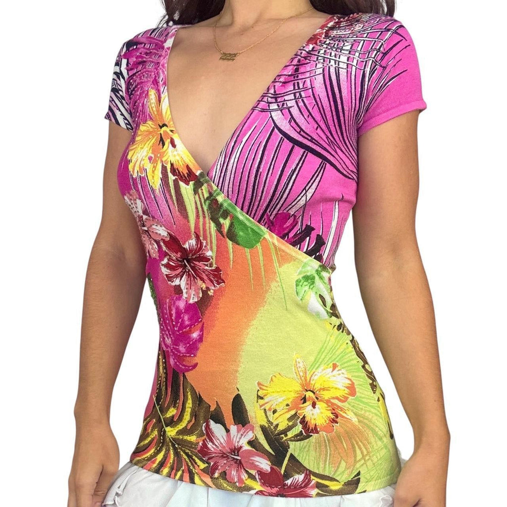 Caché Tropical Beaded Wrap Top (XS/S)