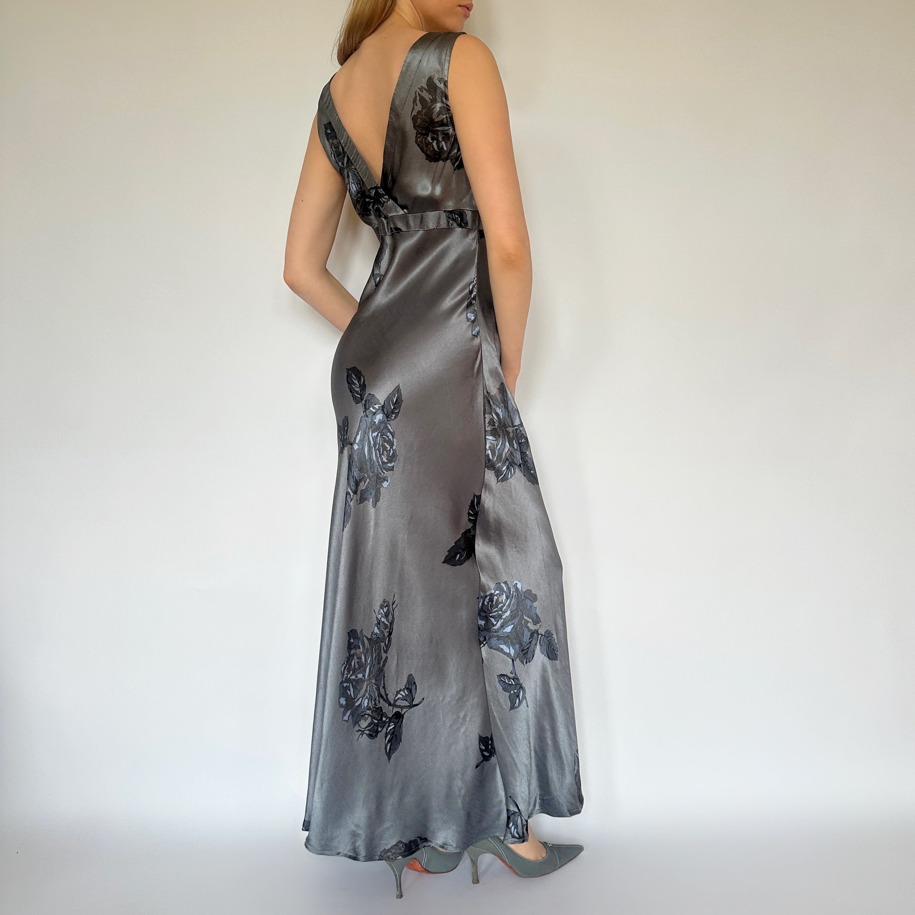 90s Muted Blue Floral Satin Maxi Dress (M)