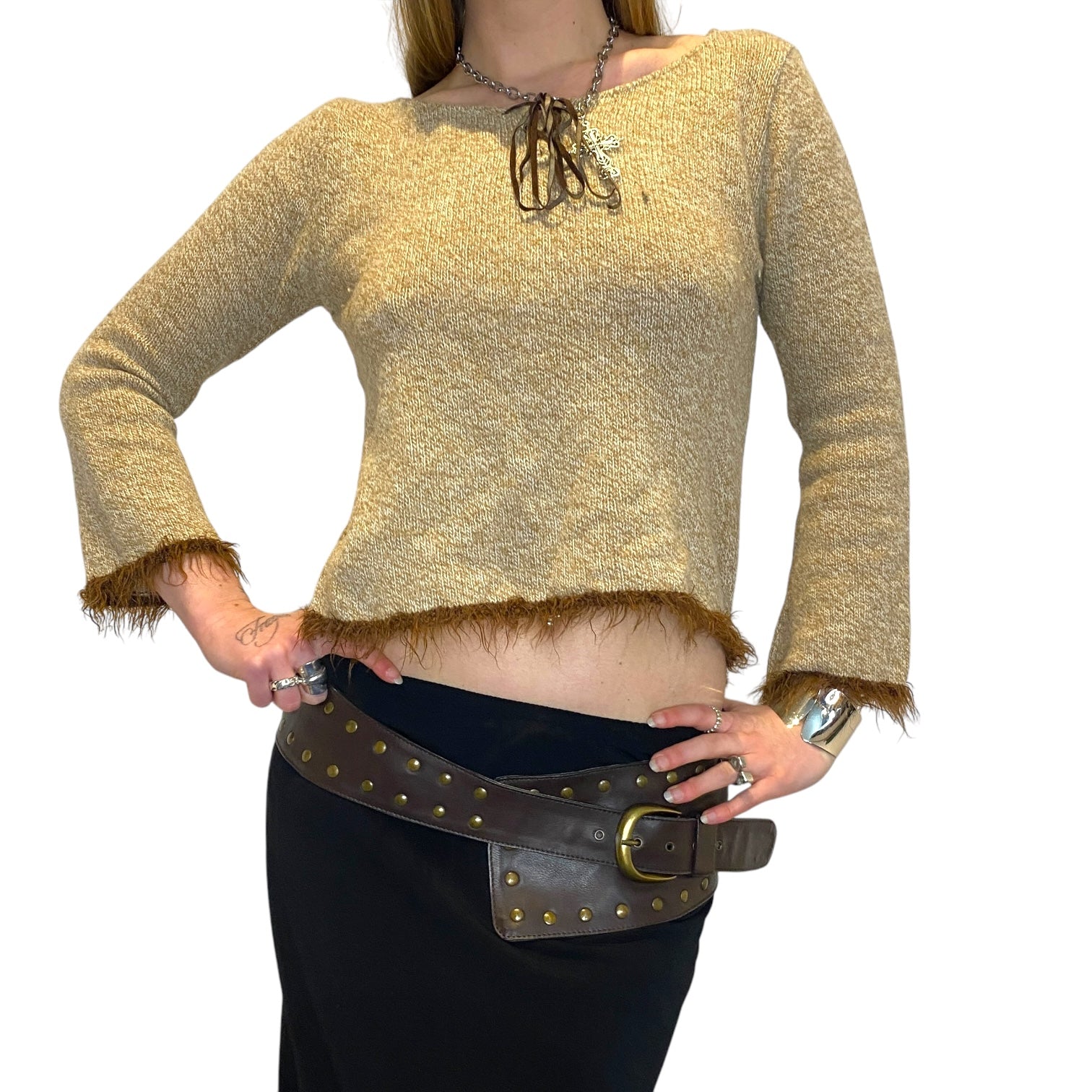 Vintage Grunge Fur Trim Cropped Knit (S/M)