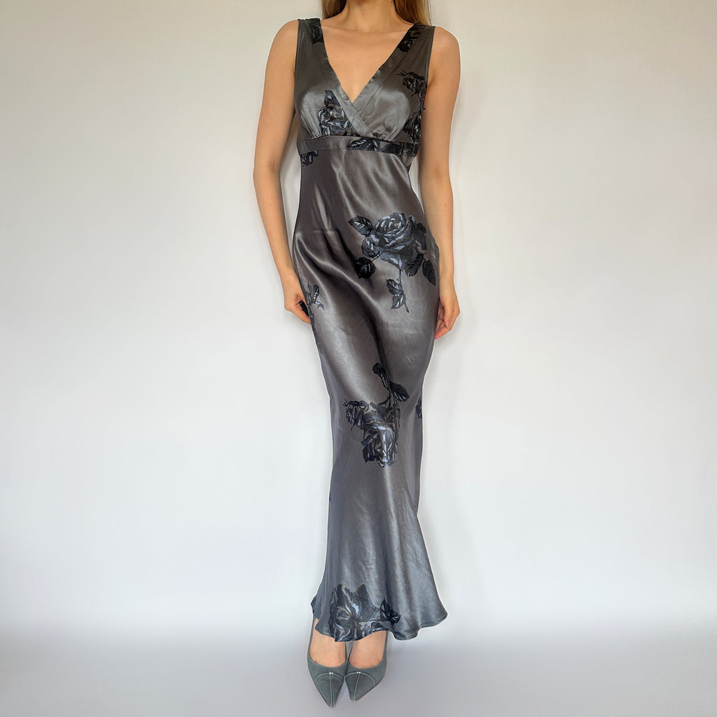 90s Muted Blue Floral Satin Maxi Dress (M)