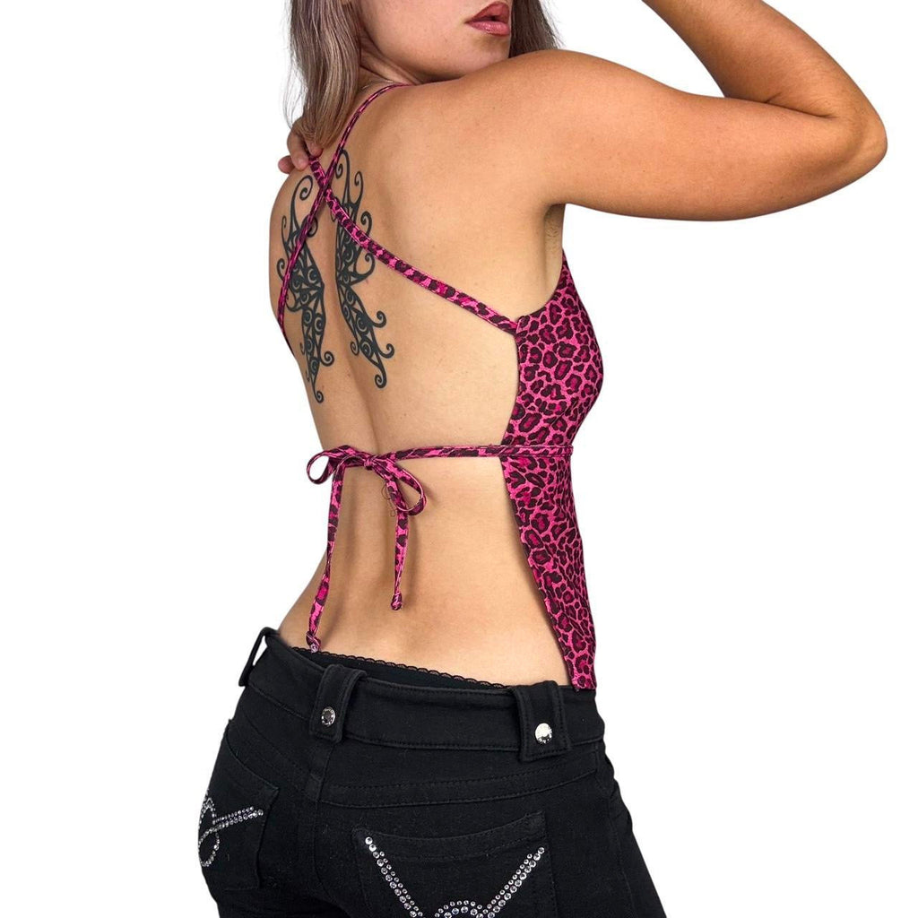 90s Pink Leopard Print Backless Top (M)