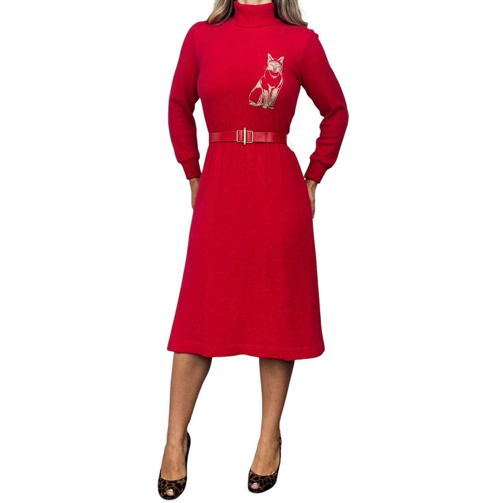 60s Vintage Embroidered Cat Dress (M)