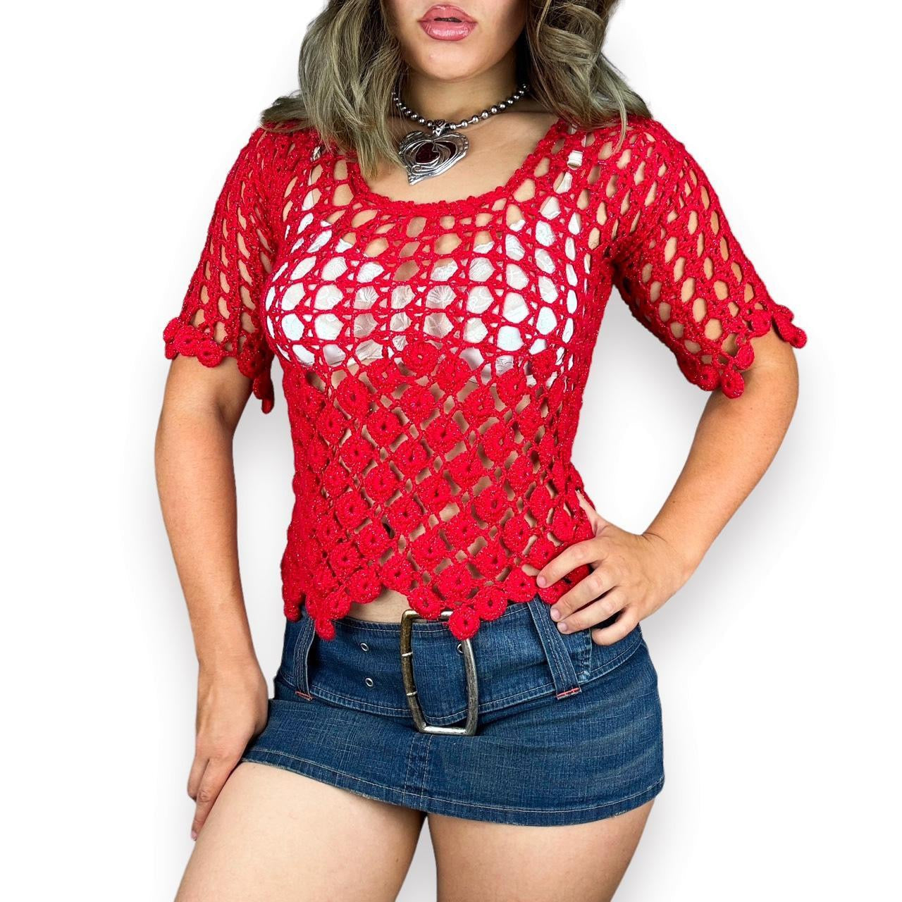 2000s Cherry Red Crochet Top (S/M)