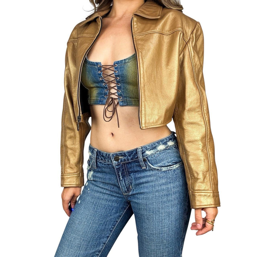 90s Caché Gold Cropped Leather Jacket (L)
