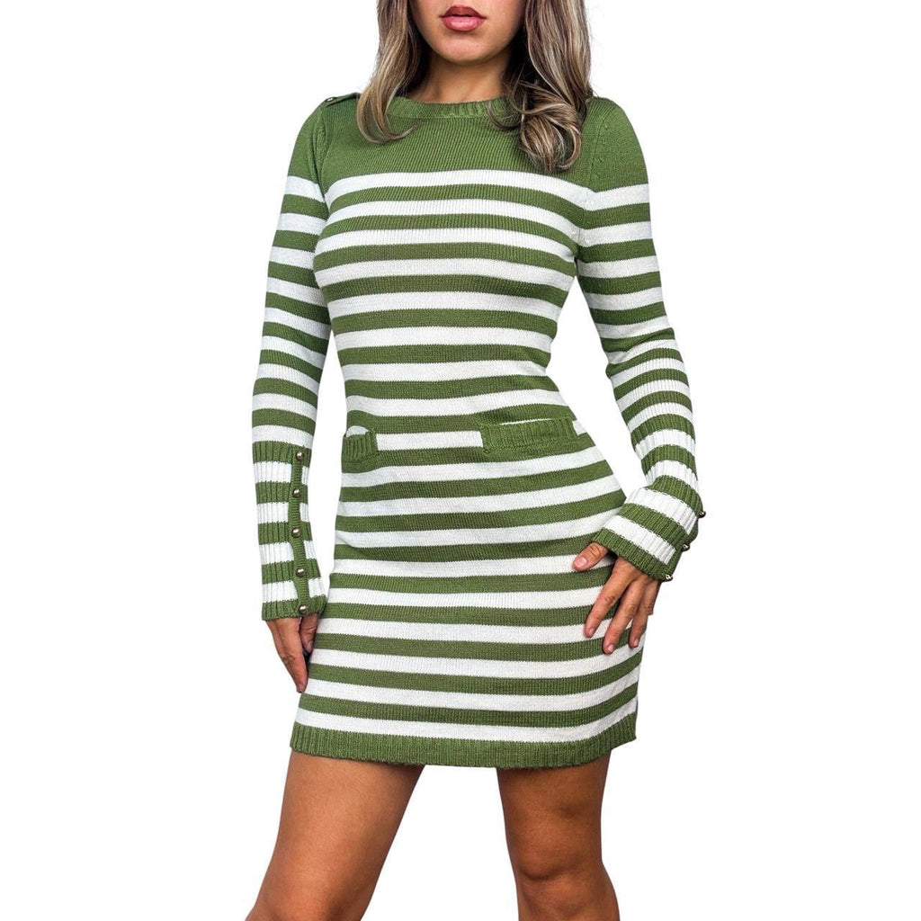 Y2K Olive Striped Sweater Dress (M)