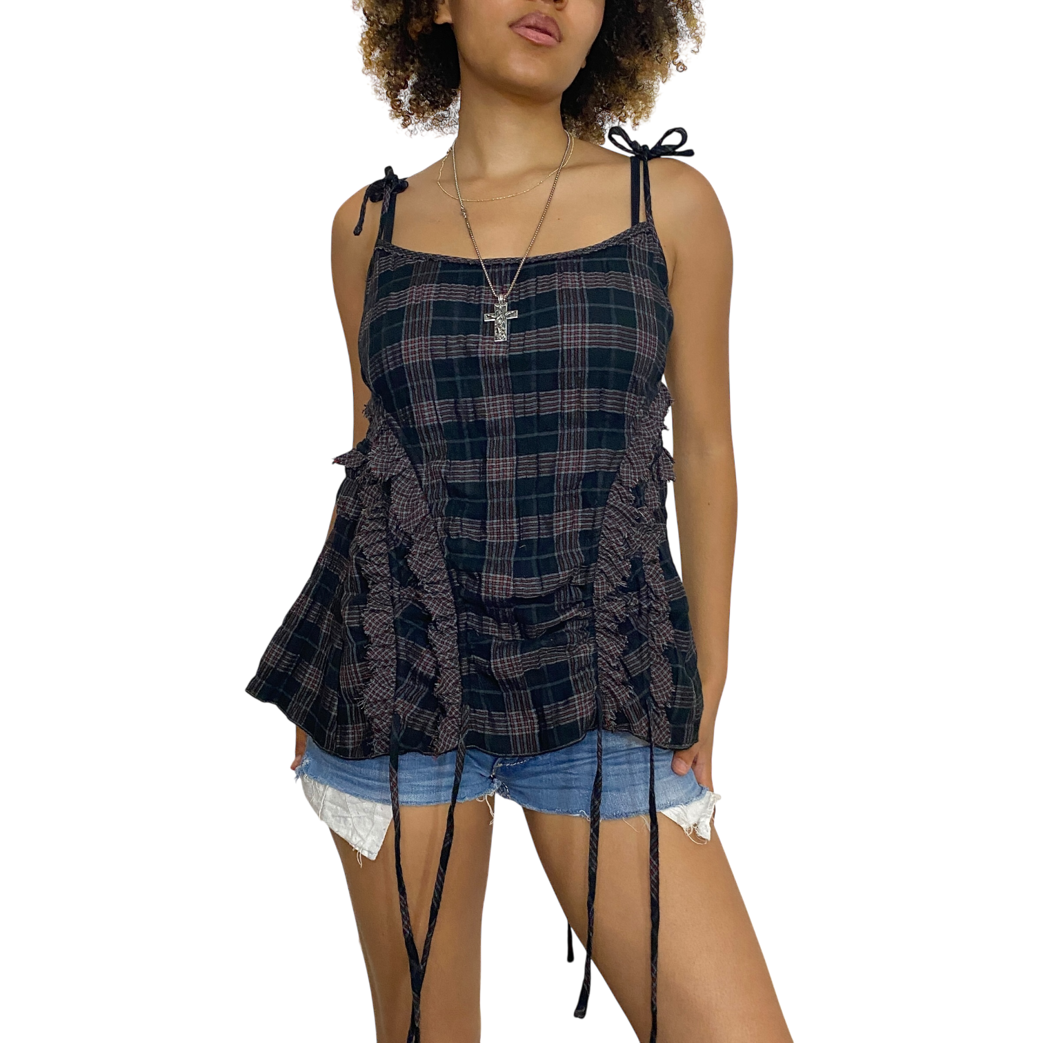 Vintage Plaid Ruffle Ruched Cami Top (M-L)