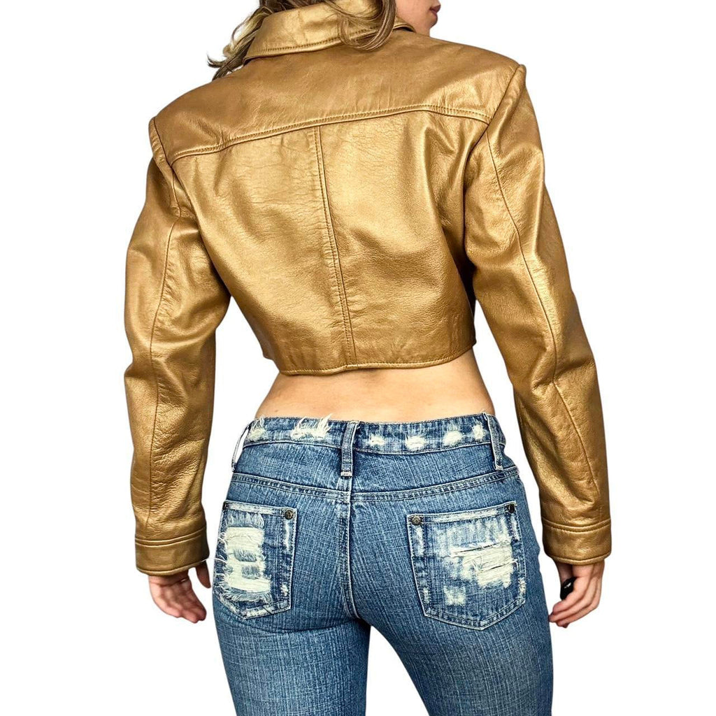 90s Caché Gold Cropped Leather Jacket (L)