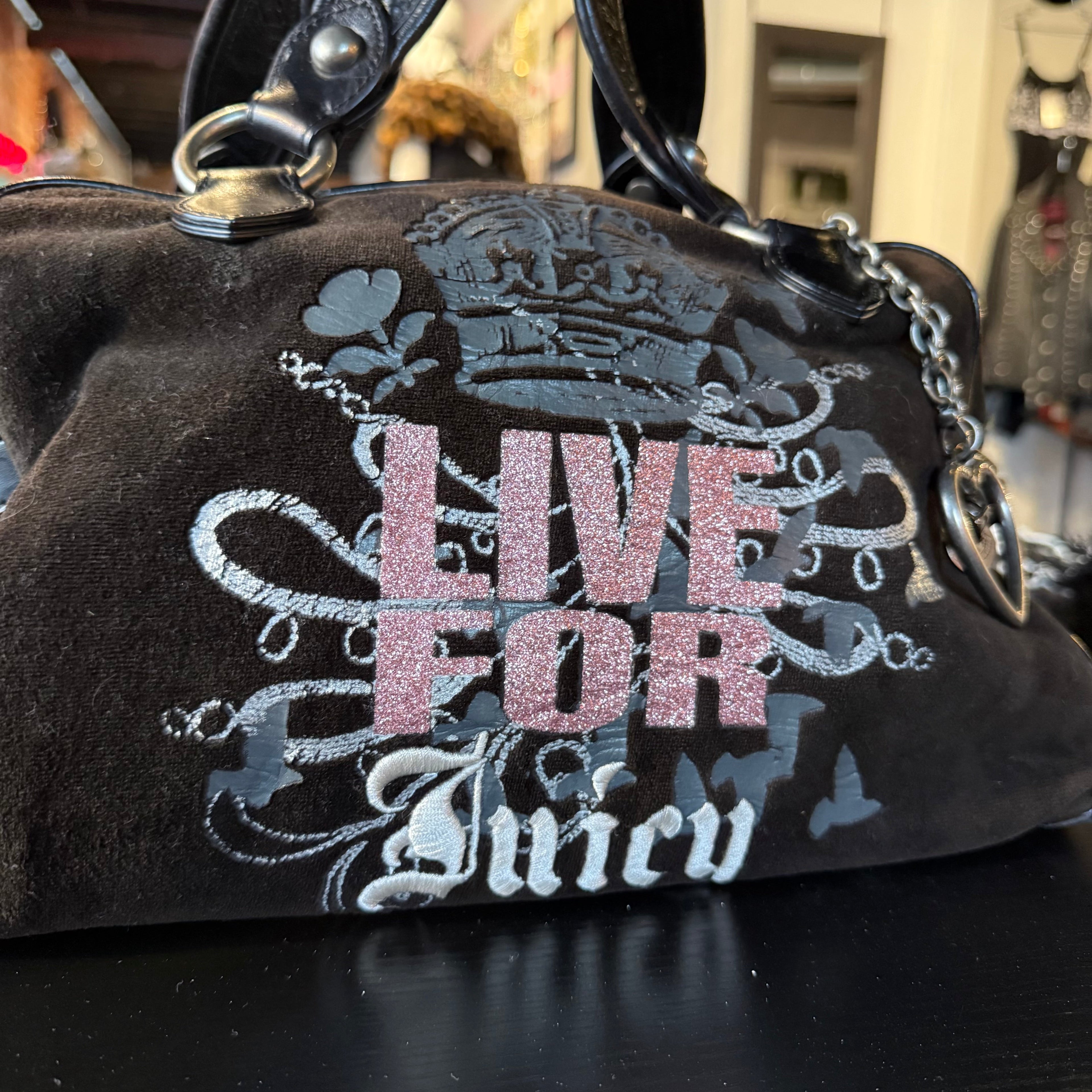 Juicy Couture Y2K "Live for Juicy" black velour bag