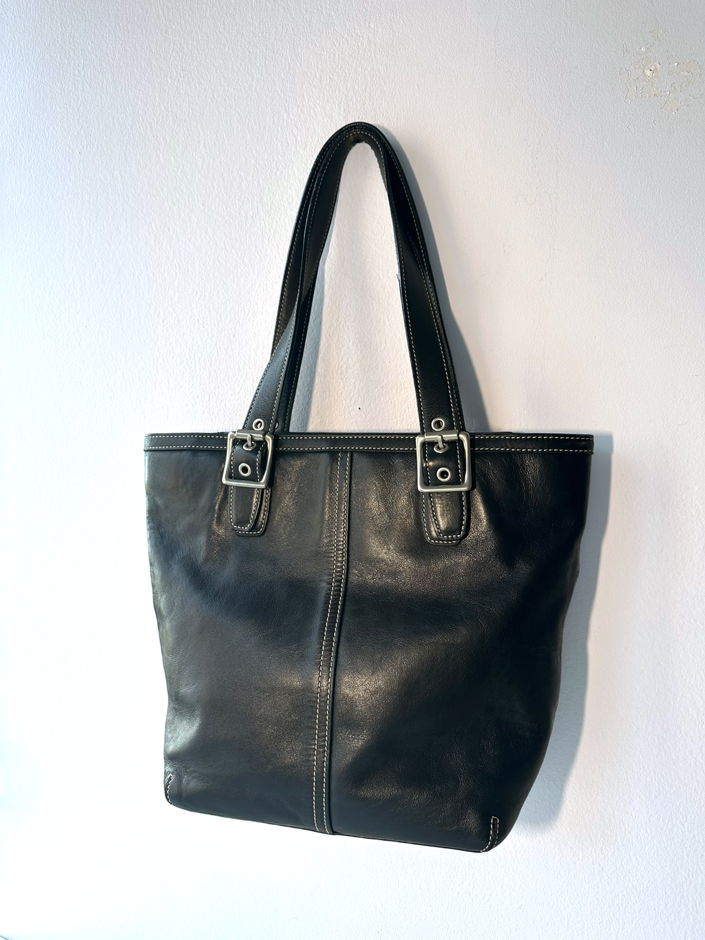 Vintage Black Leather Coach Shoulder Tote Bag