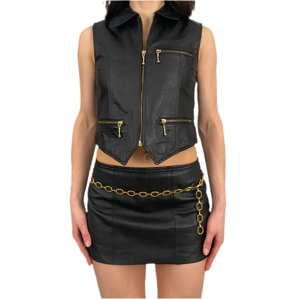 Leather & Gold Zip-Up Vest (XS)