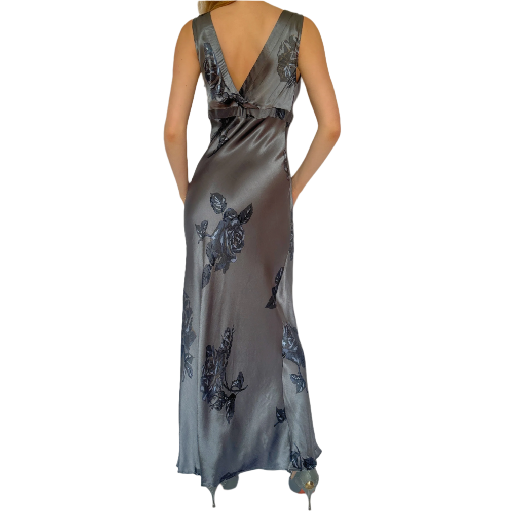 90s Muted Blue Floral Satin Maxi Dress (M)