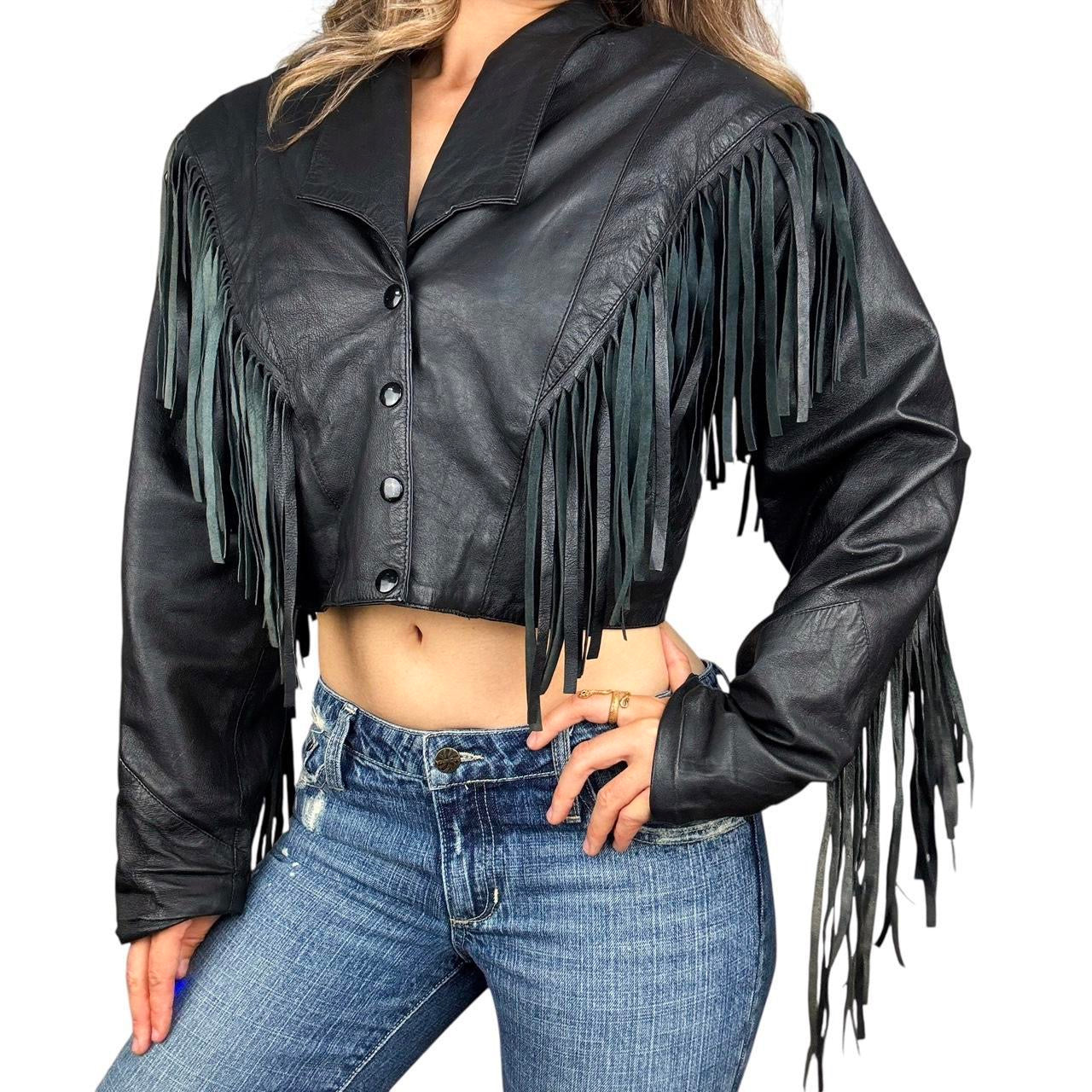 Vintage Fringe Trim Leather Jacket (M)