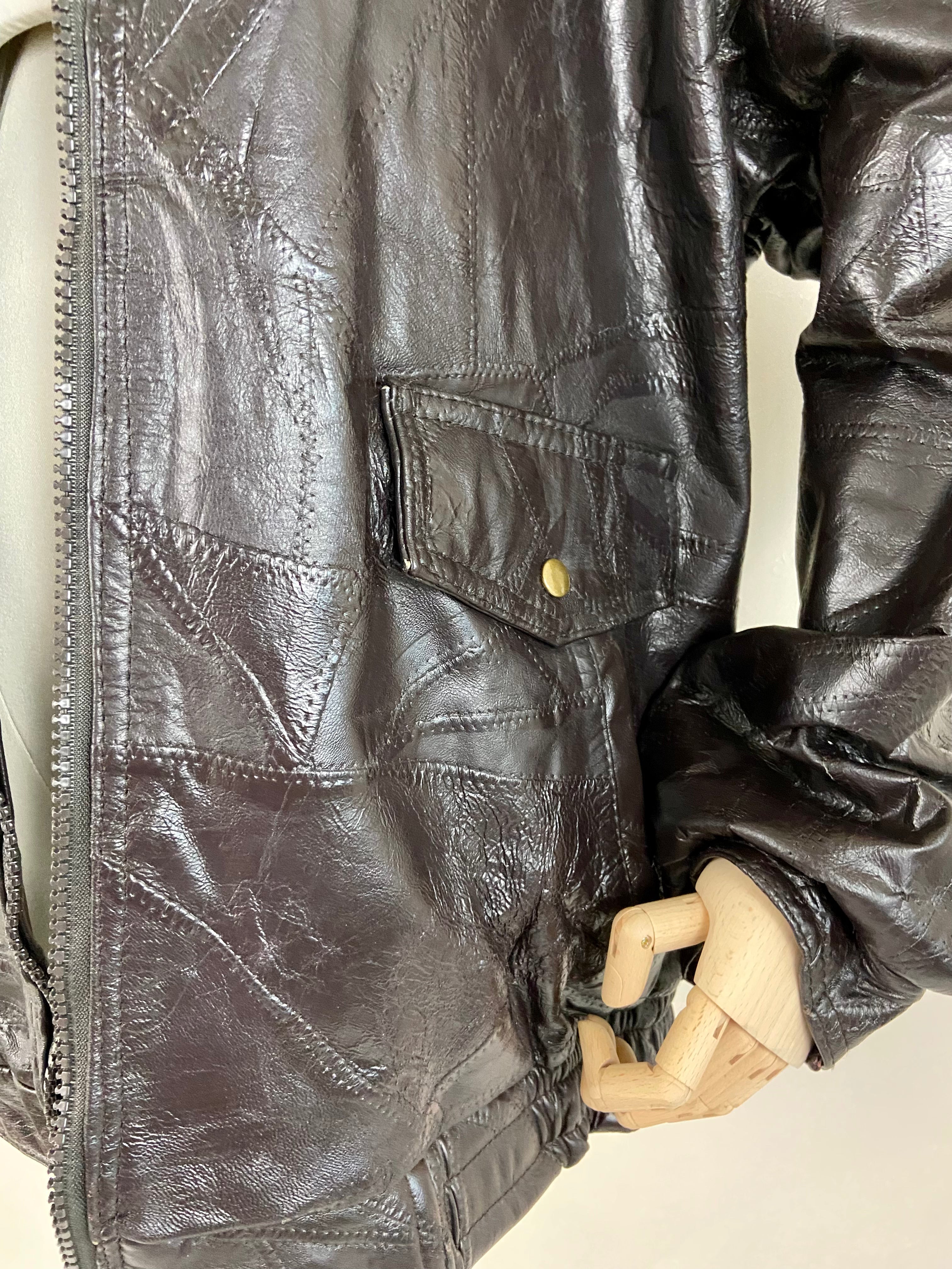 Vintage Patchwork Brown Leather Jacket (XL)