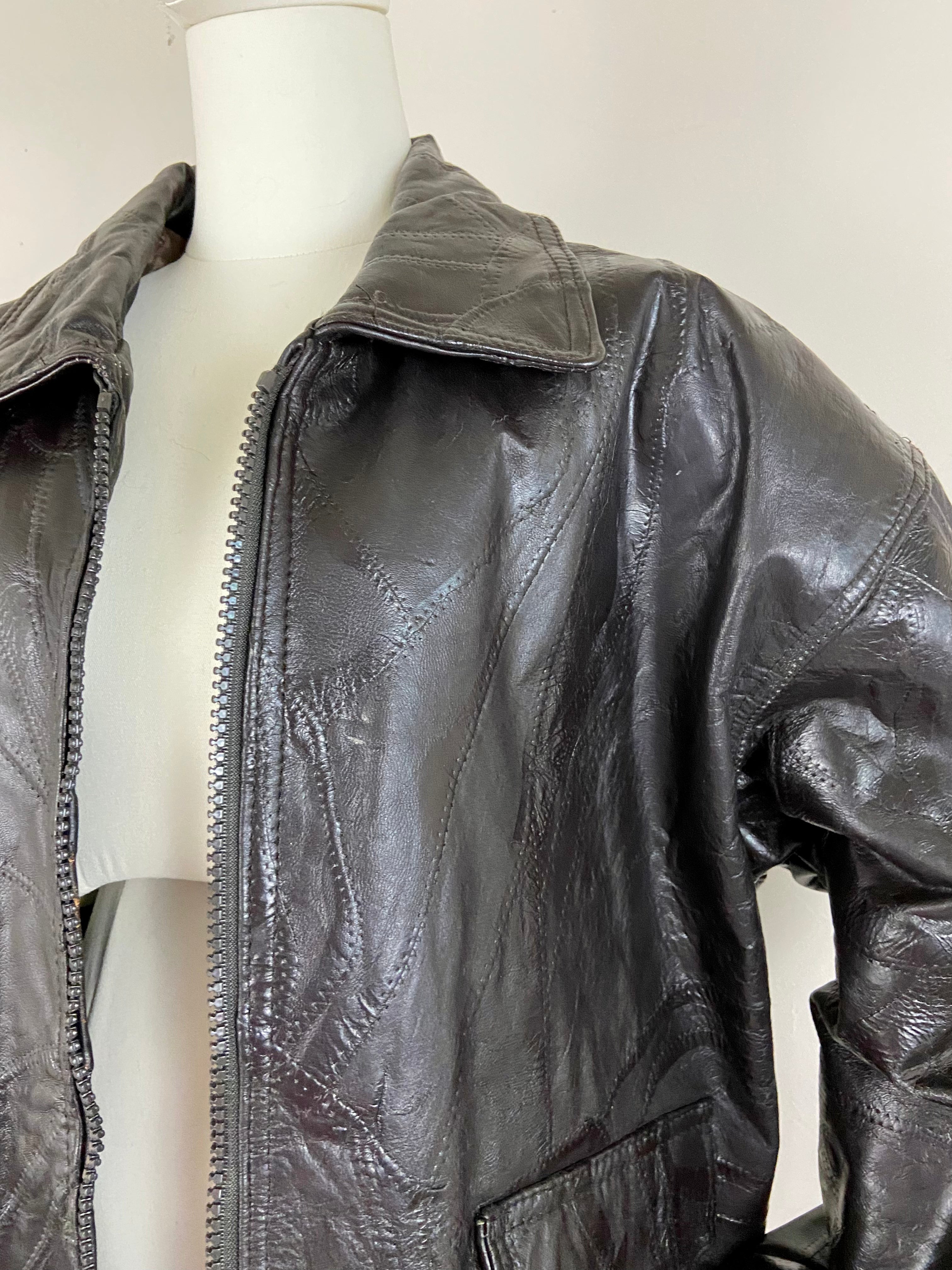 Vintage Patchwork Brown Leather Jacket (XL)