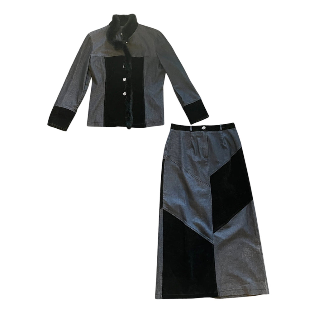 Denim Velvet Jacket Skirt Set (L)