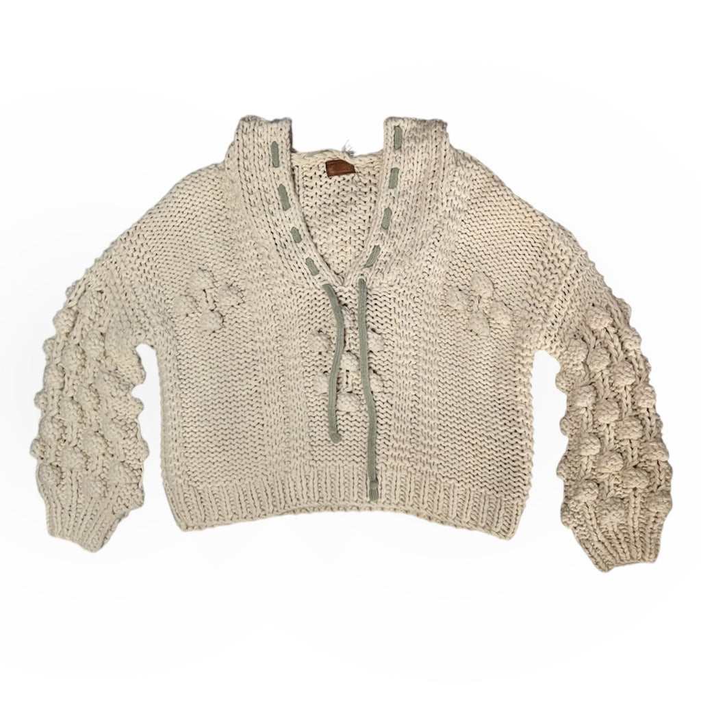 Cream Woven Knit Sweater Hoodie (L)