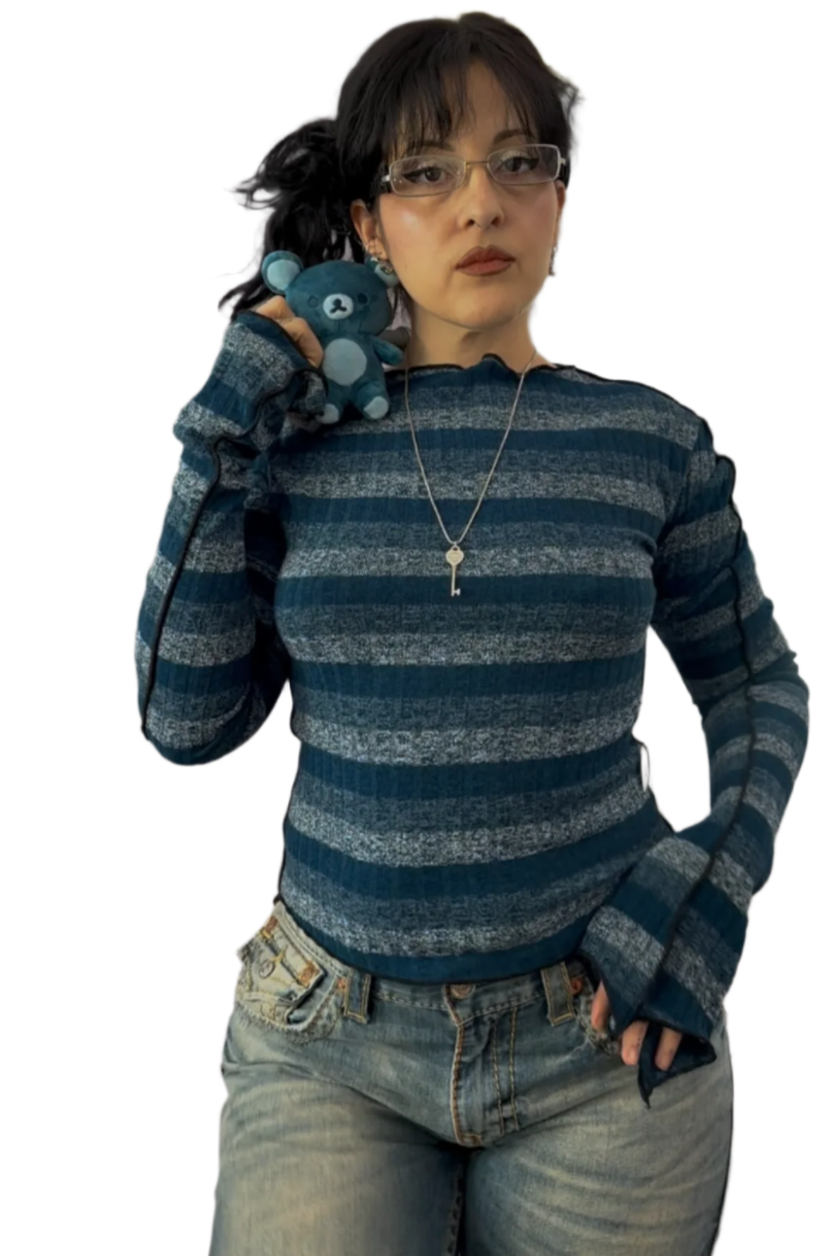 Blue Striped Elongated Sleeve Top (S/M)