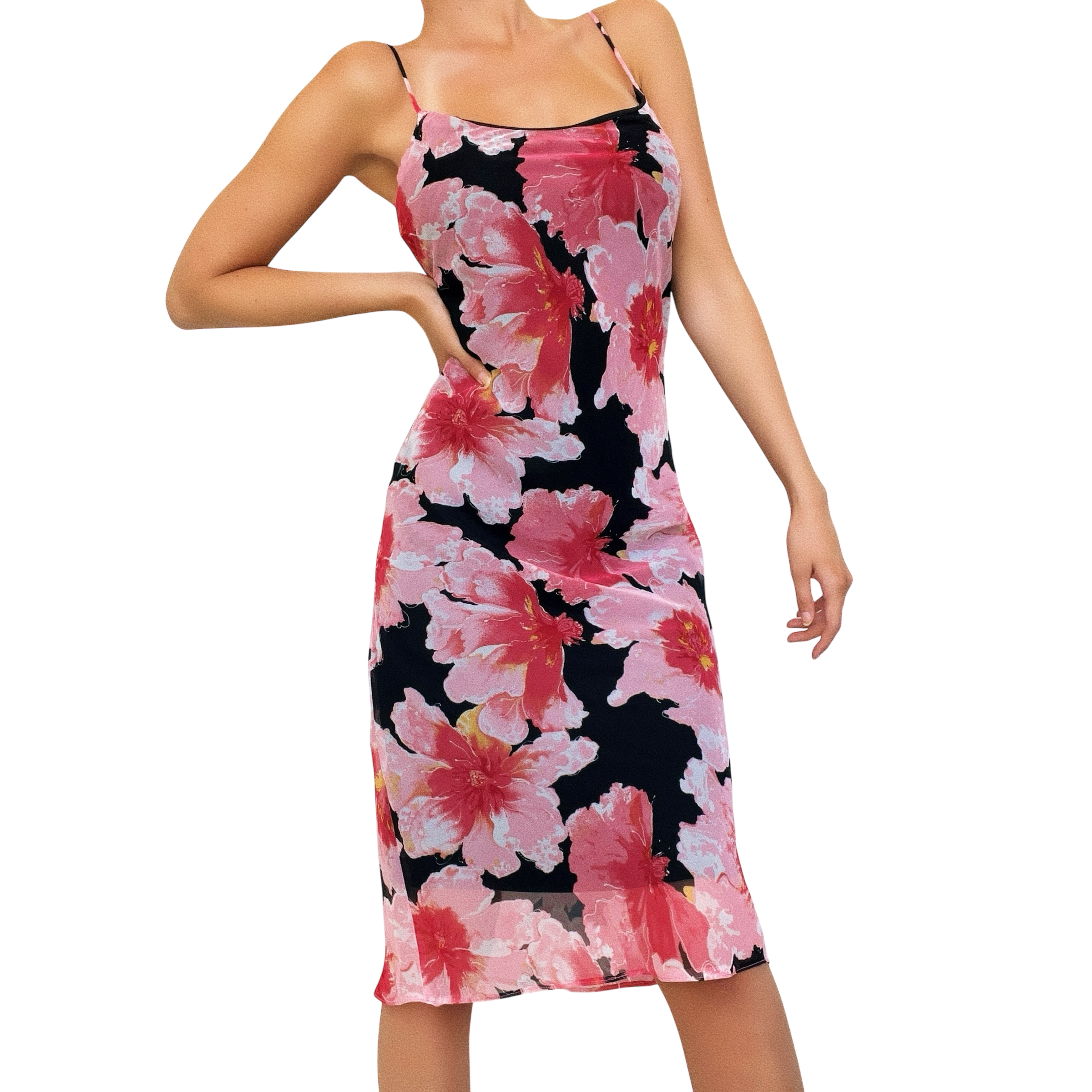 90s Black & Pink Floral Midi Dress (S/M)