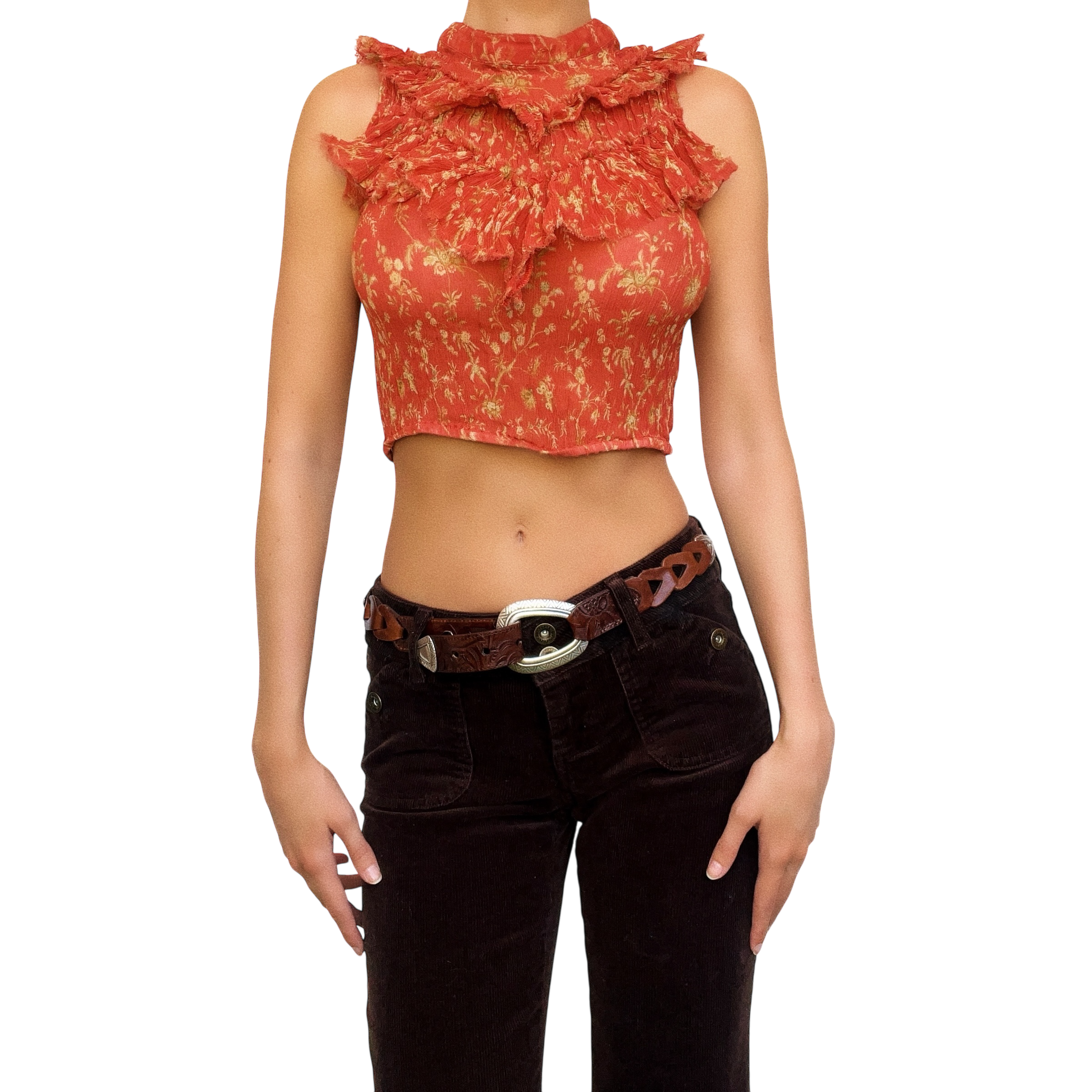 Designer Sheer Silk Ruffle Top (XS/S)