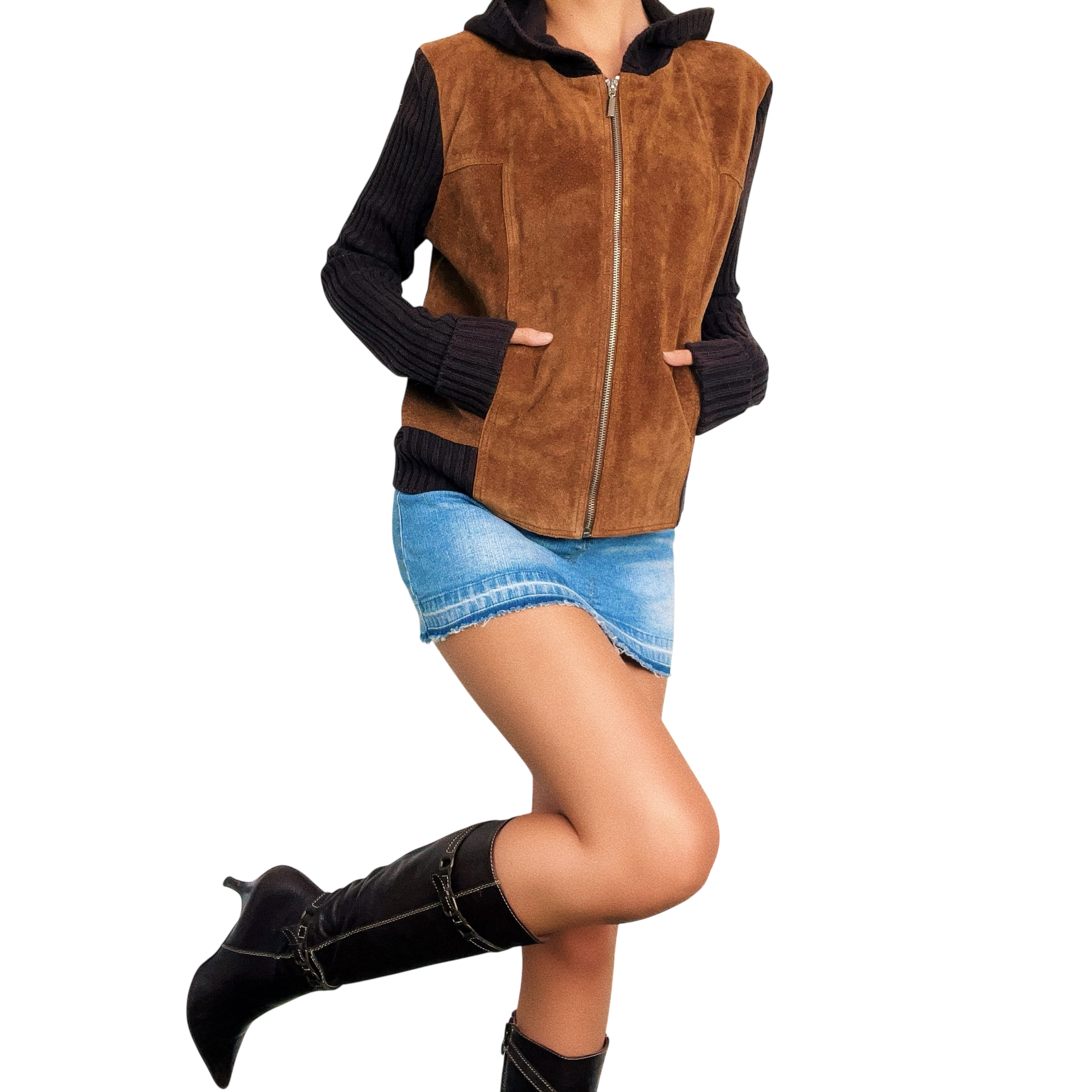 Vintage Suede & Knit Hoodie (M)