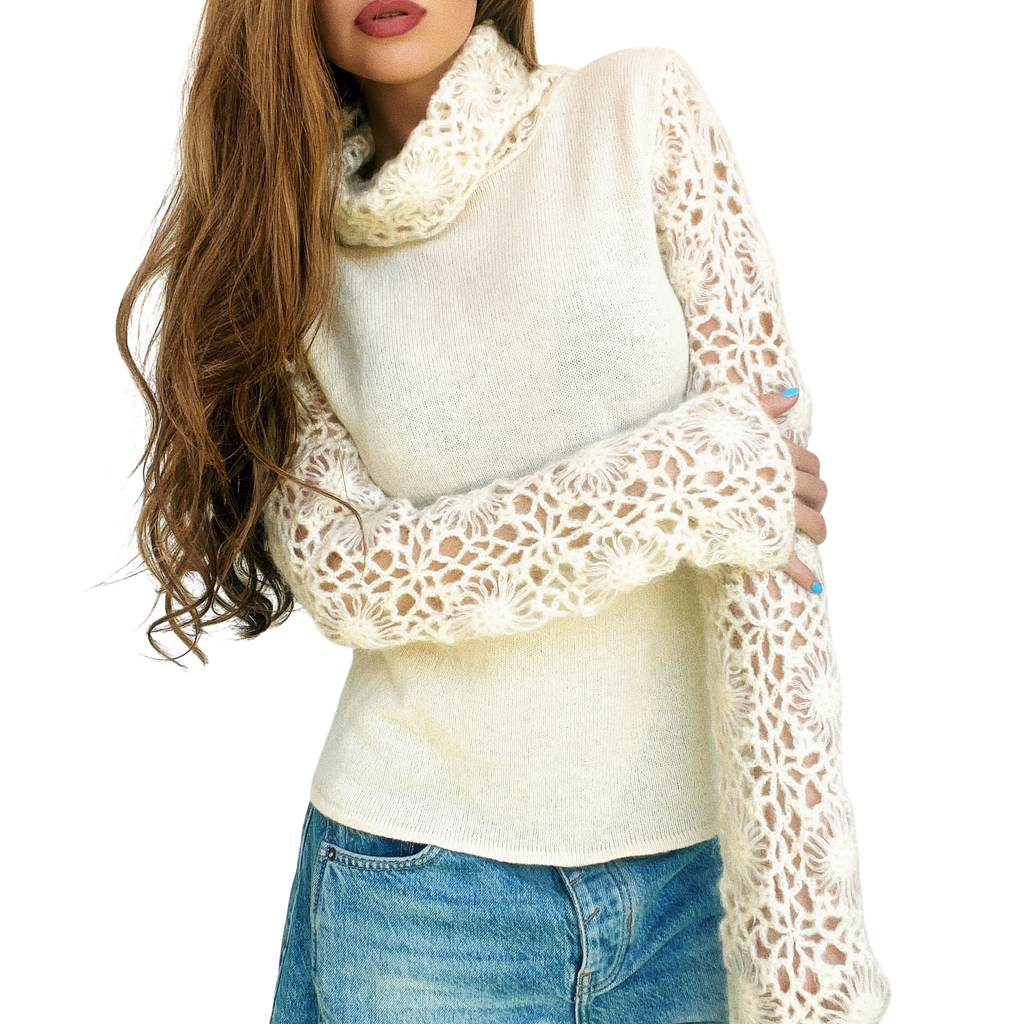 Creamy Intricate Crochet Sweater (S)