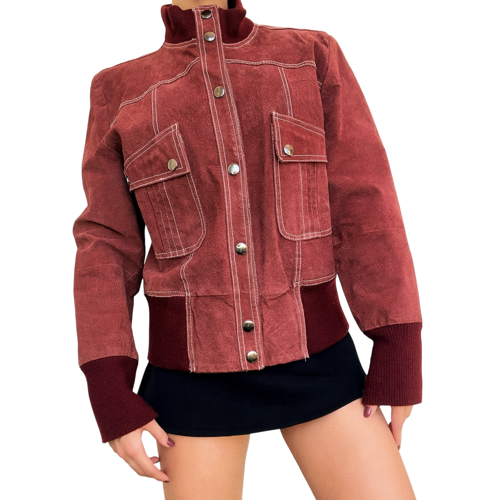 Vintage Brick Red Suede Bomber Jacket (S/M)