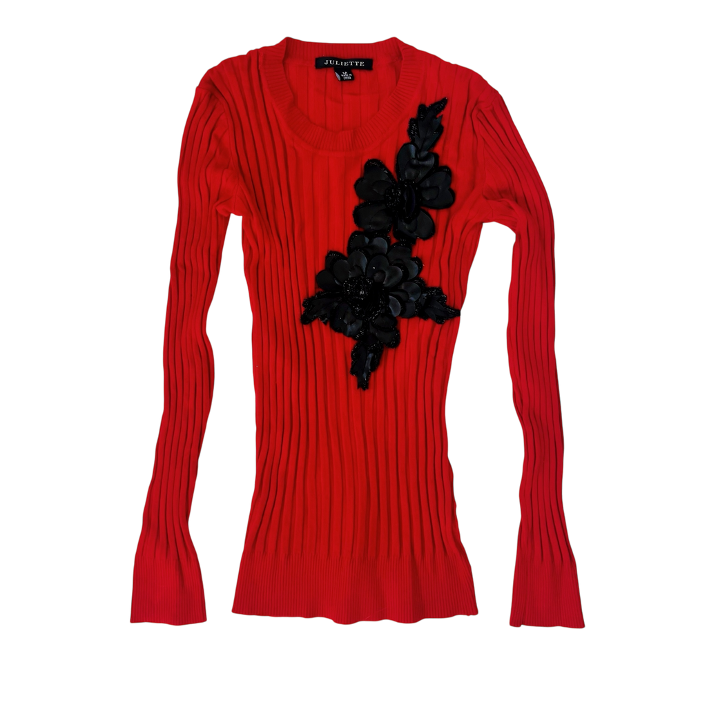 Cherry Red Ribbed Appliqué Top (M)