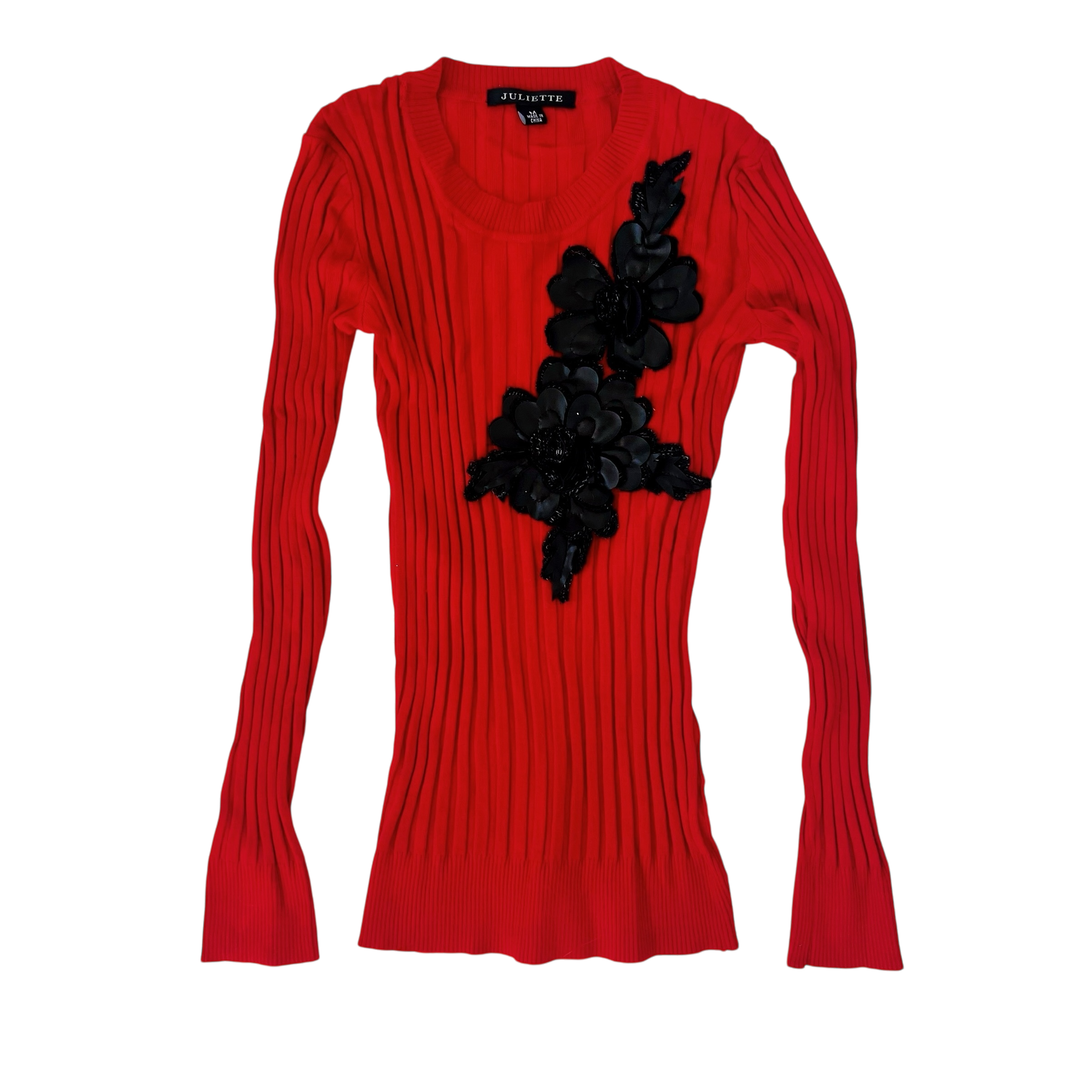 Cherry Red Ribbed Appliqué Top (M)