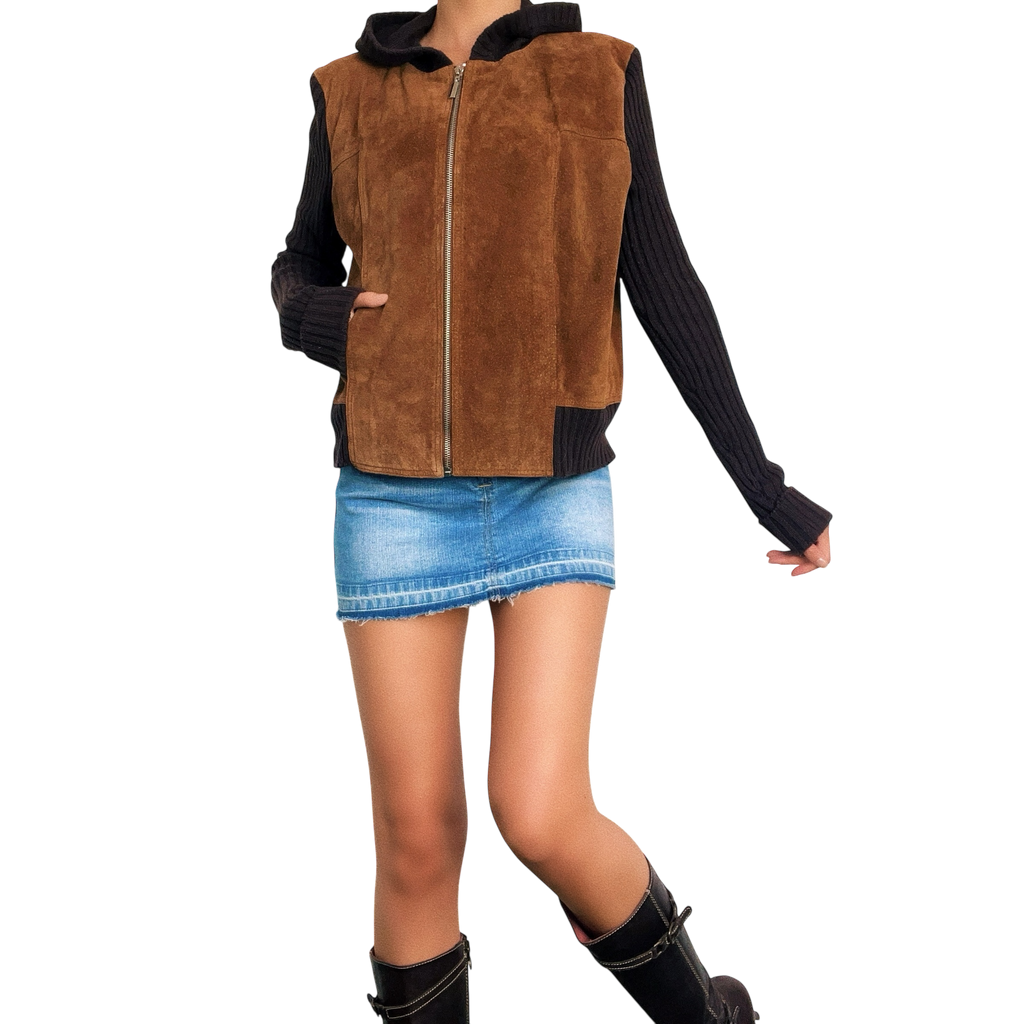 Vintage Suede & Knit Hoodie (M)