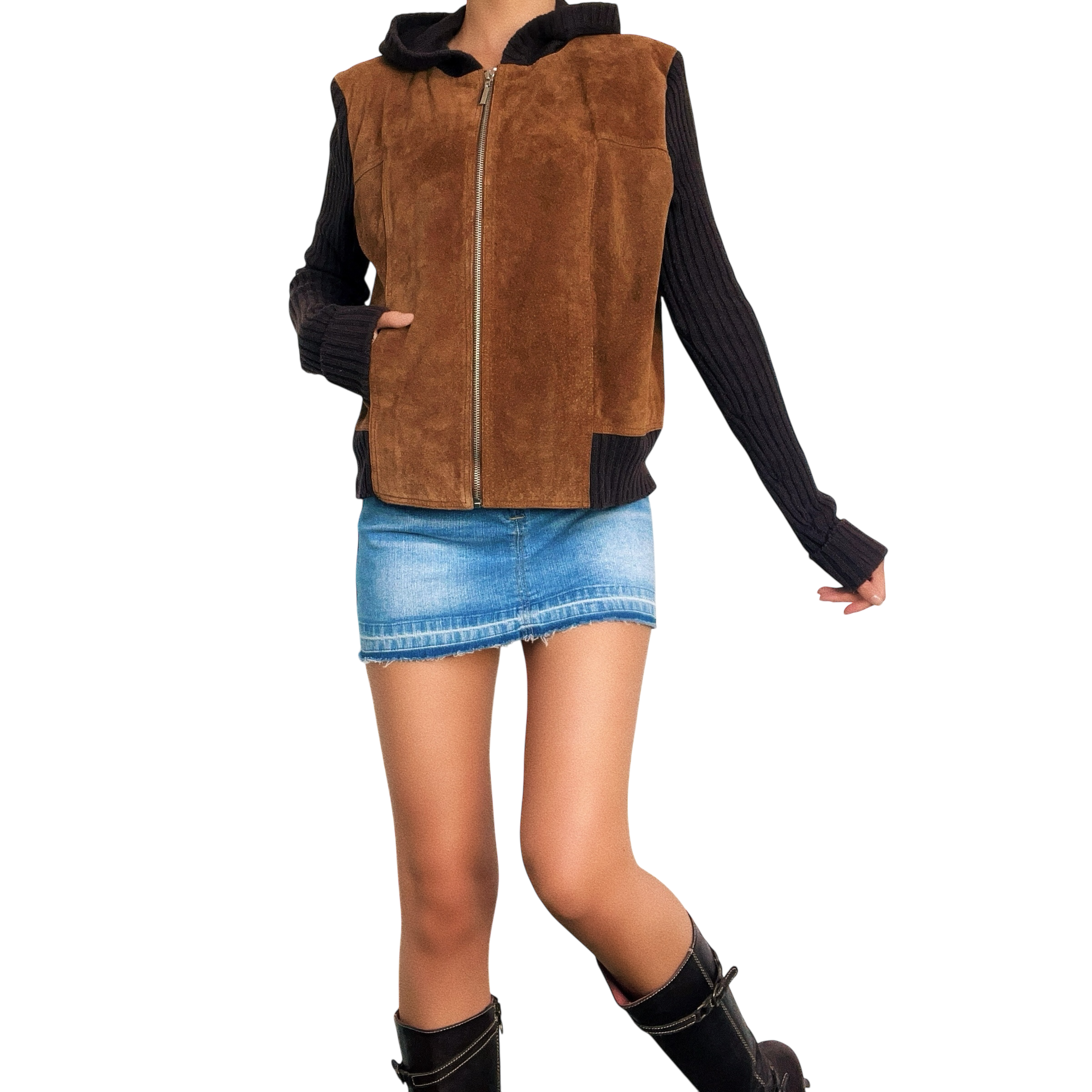 Vintage Suede & Knit Hoodie (M)