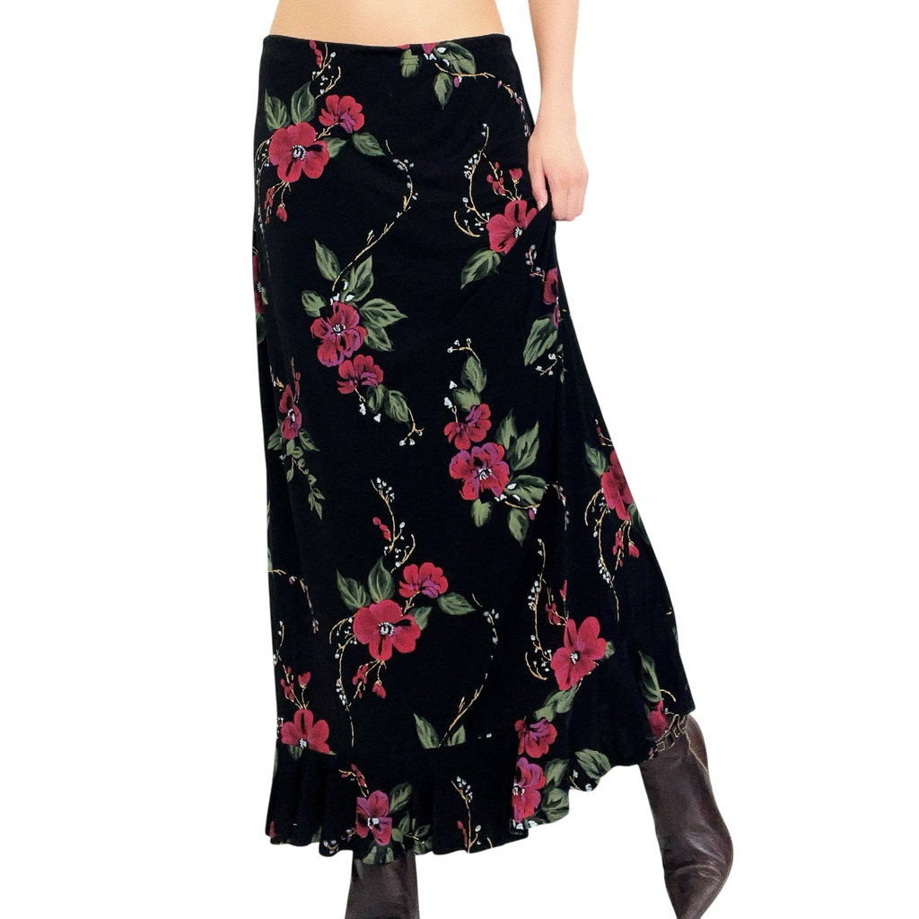 Slinky Black Floral Maxi Skirt (S/M)