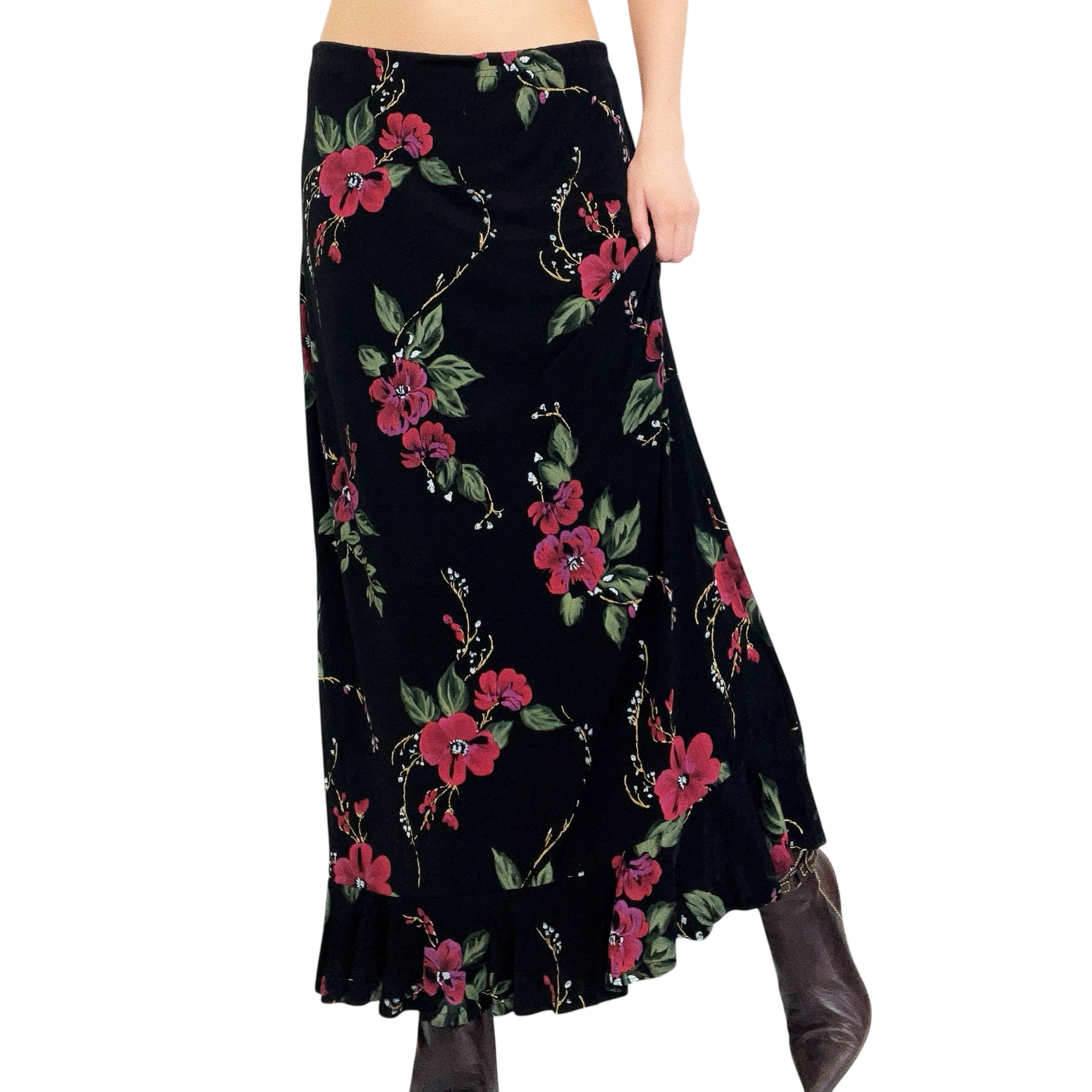 Slinky Black Floral Maxi Skirt (S/M)