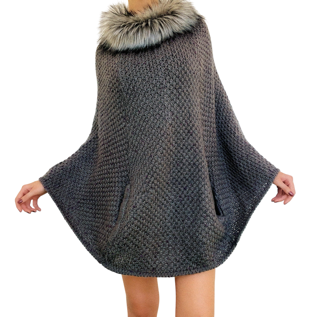 Furry Gray Knit Poncho Sweater (One Size)