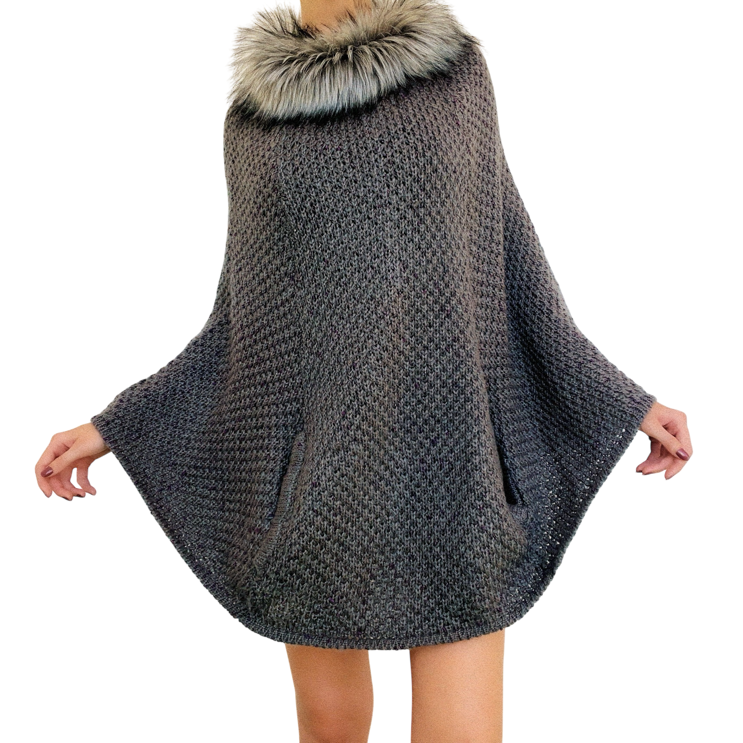 Furry Gray Knit Poncho Sweater (One Size)
