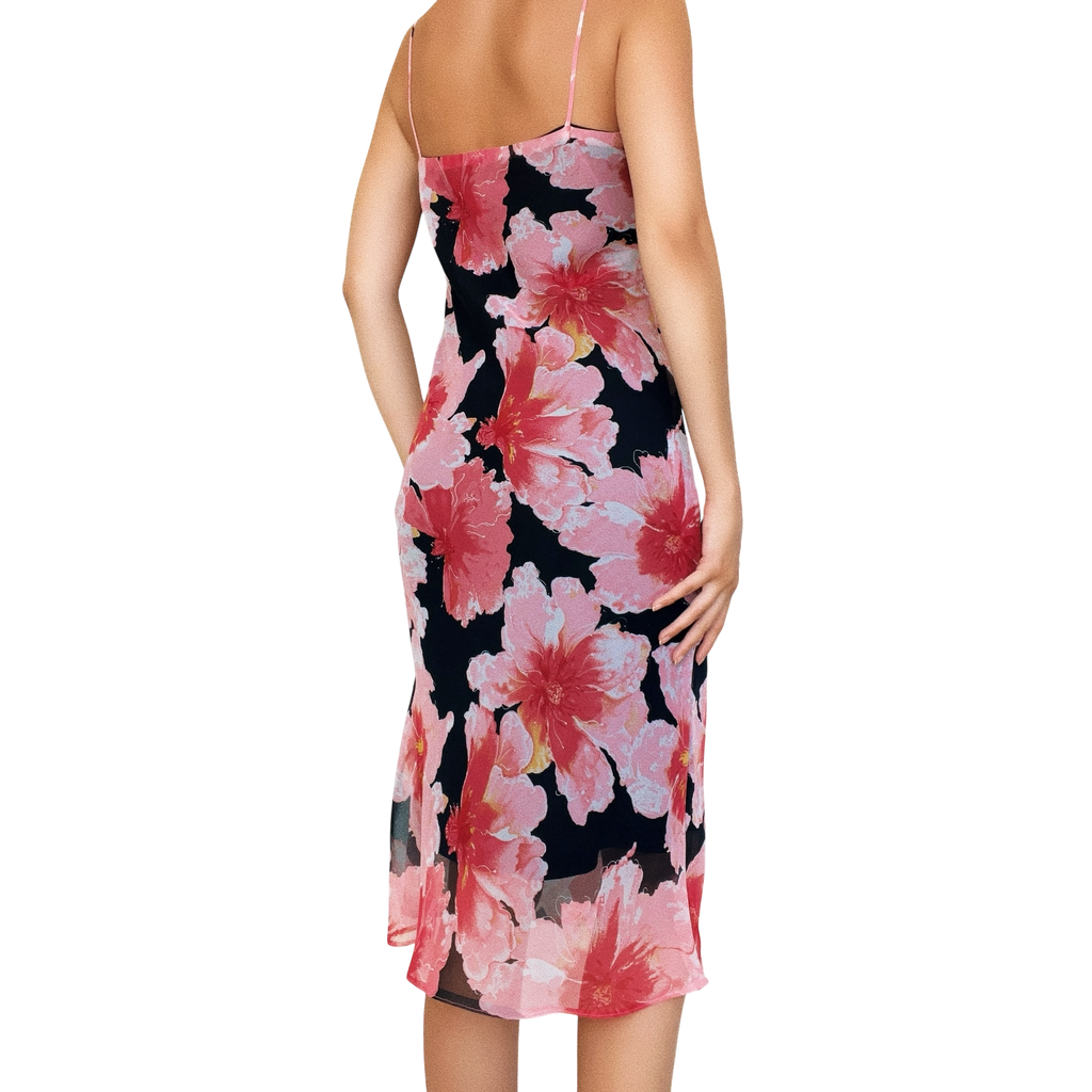 90s Black & Pink Floral Midi Dress (S/M)
