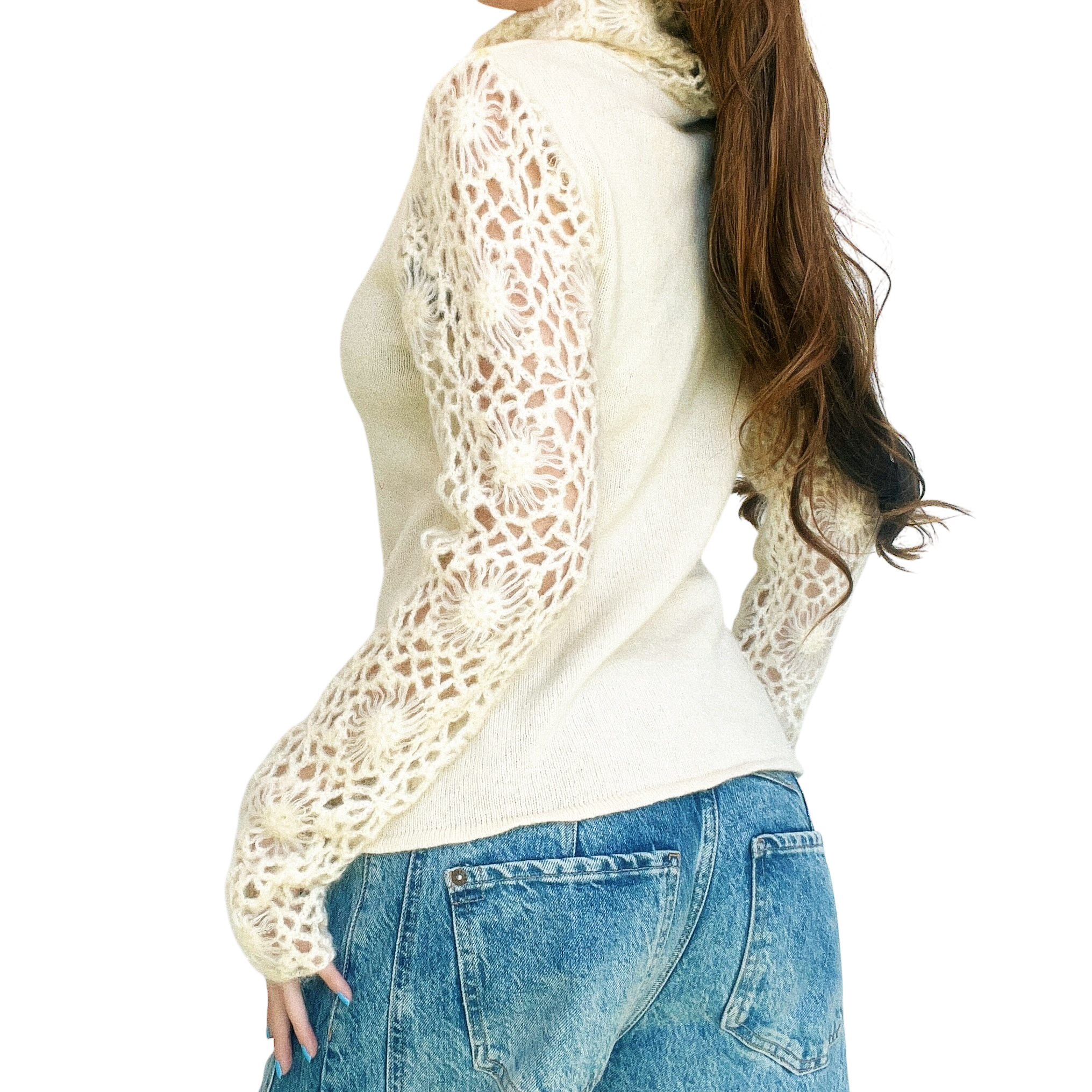 Creamy Intricate Crochet Sweater (S)