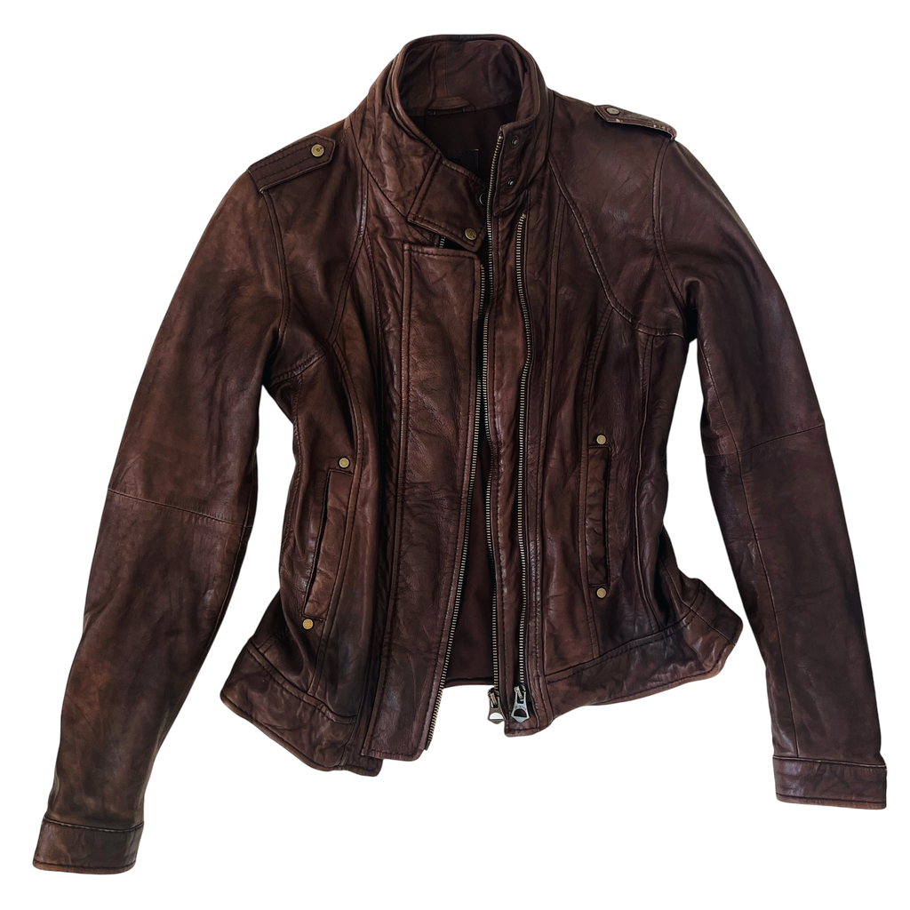 Chocolate Brown Leather Moto Jacket (S)