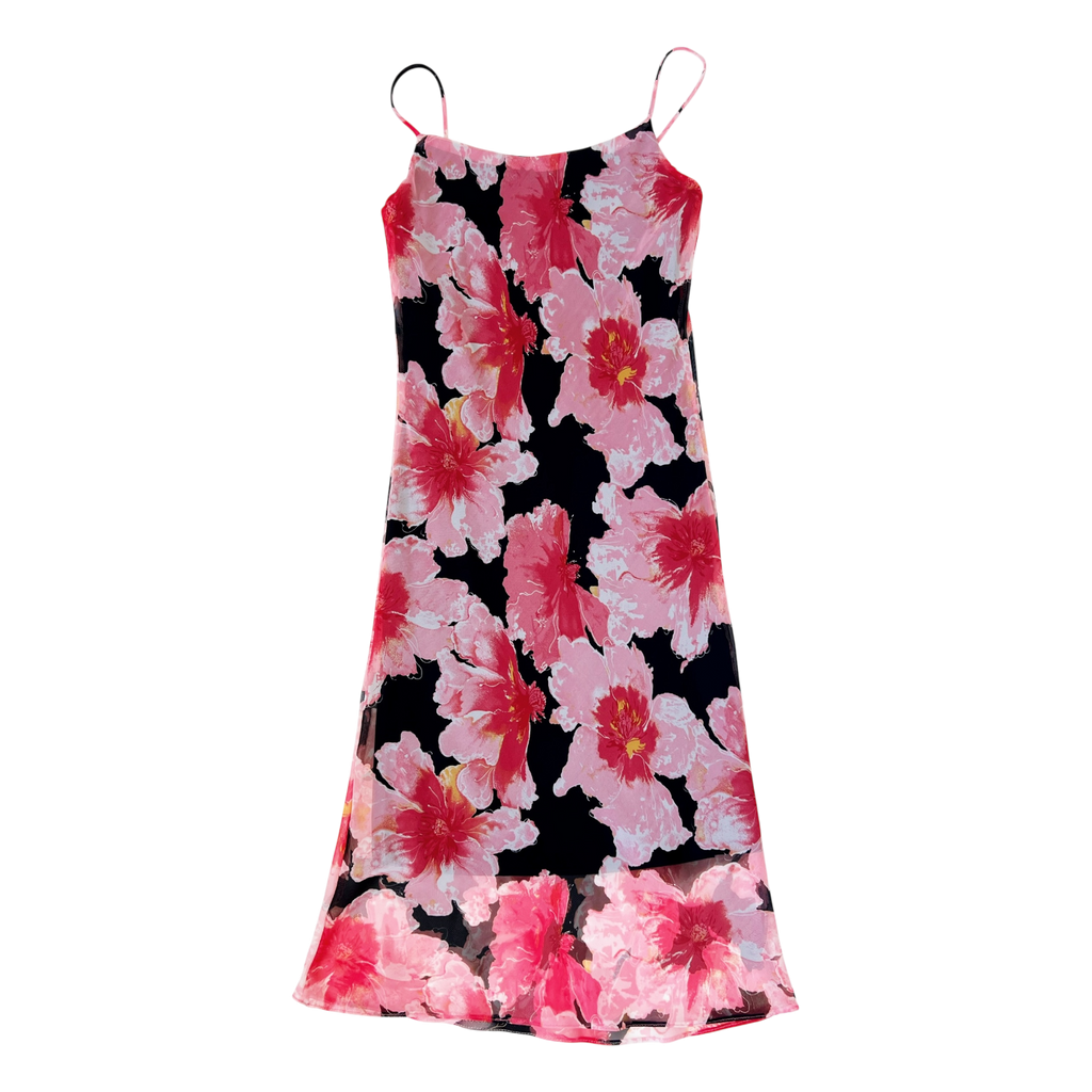 90s Black & Pink Floral Midi Dress (S/M)