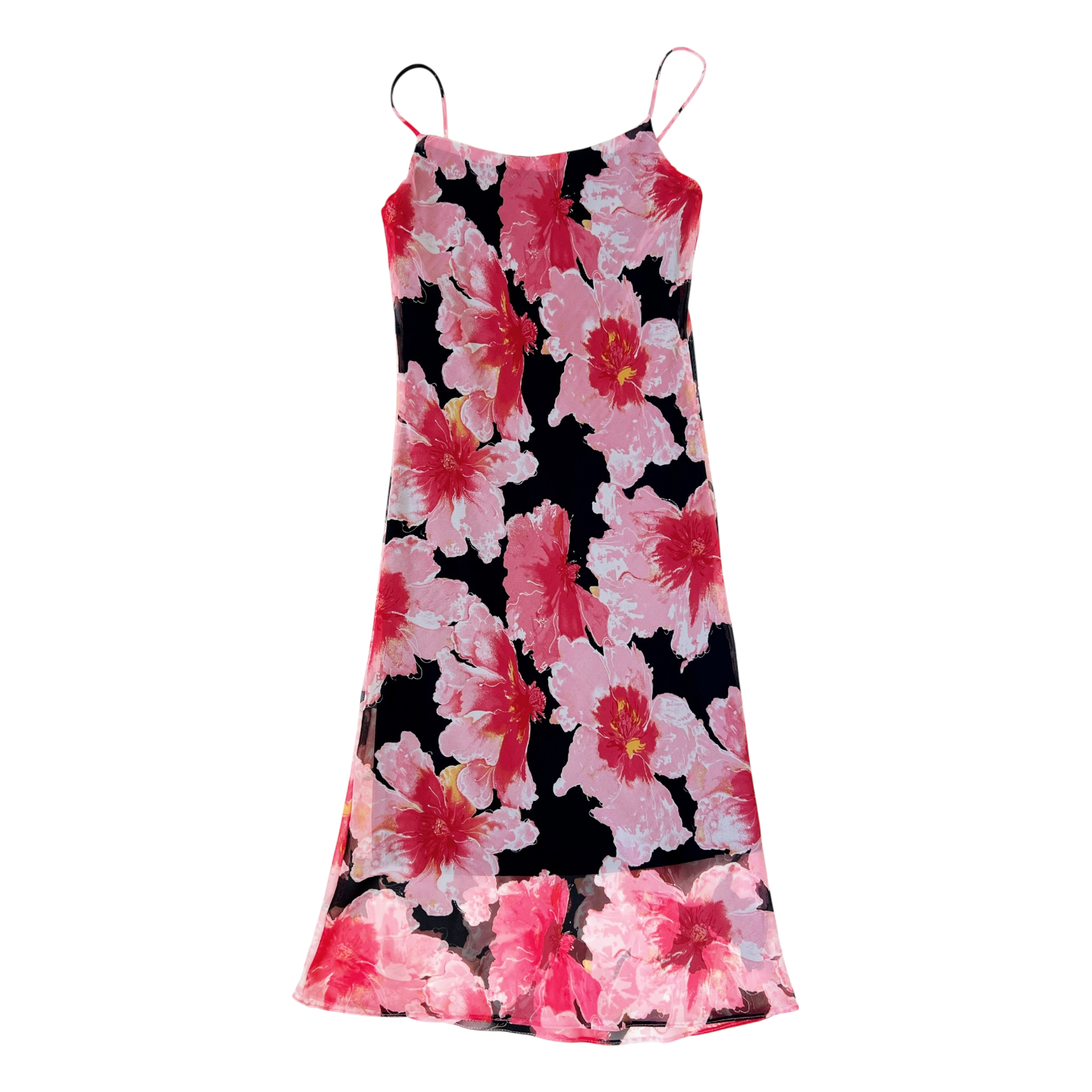 90s Black & Pink Floral Midi Dress (S/M)